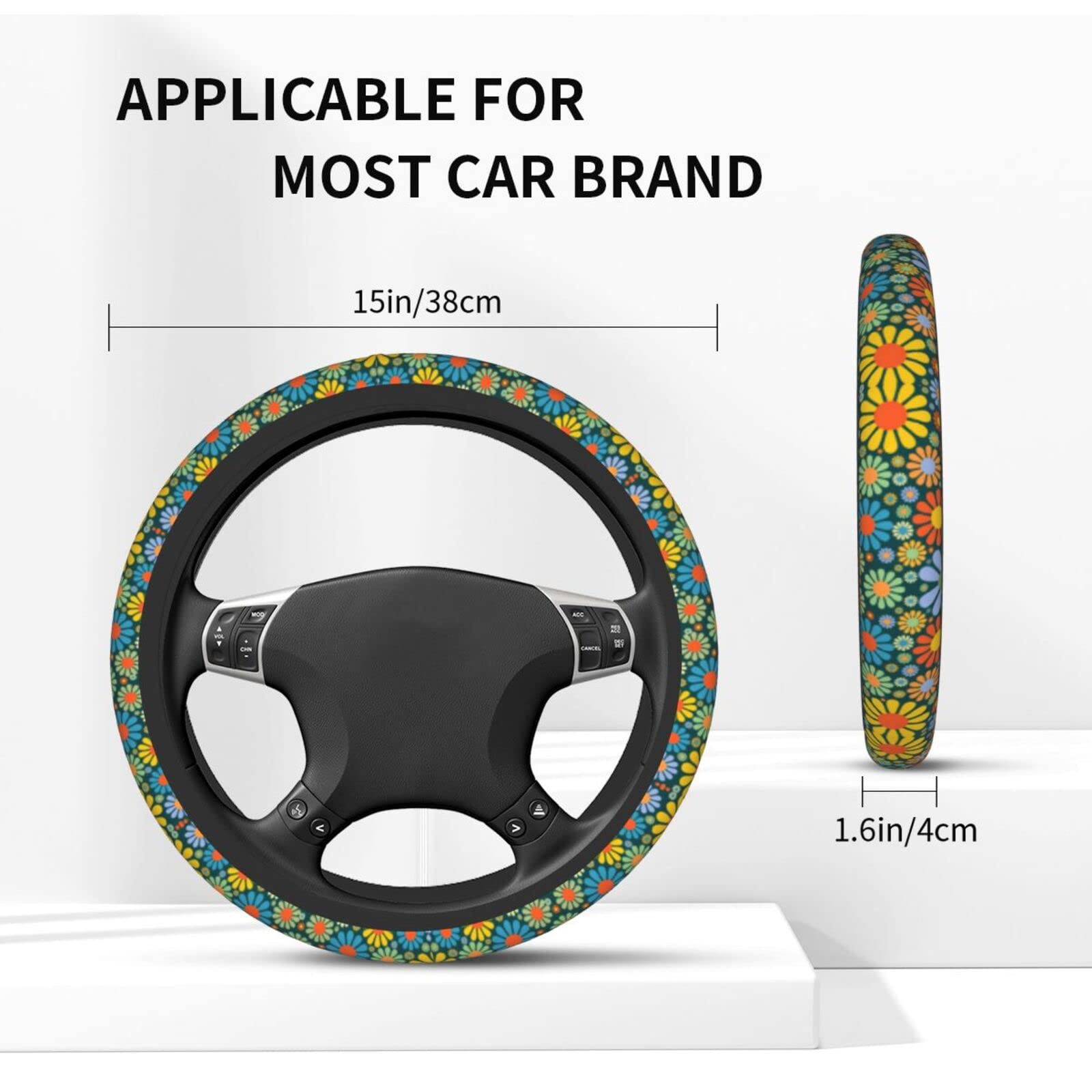 Hippie Daisy Flower Steering Wheel Cover for Women Men with 2 Pcs Car Coasters, Universal 14.5-15 Inch Rainbow Steering Wheel Co