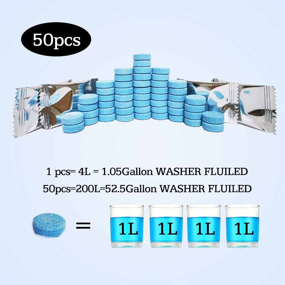 DOKIKO Car Windshield Washer Fluid Tablets - 50 Pcs, Makes 52.5 Gallons, Blue, Ideal for Winter Use with De-icer or Methanol