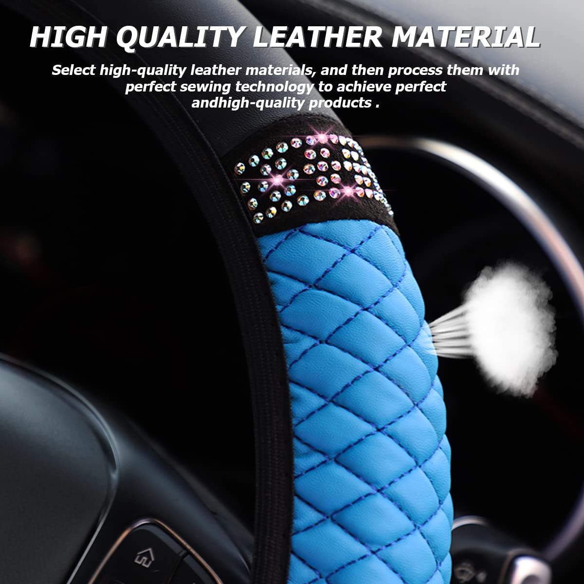 Bling Leather Steering Wheel Cover, Colorful Rhinestones Elastic Steering Wheel Protector, Pu Soft Leather With Crystal Diamond, Sparkling Car Accessories For Most Cars (Blue)