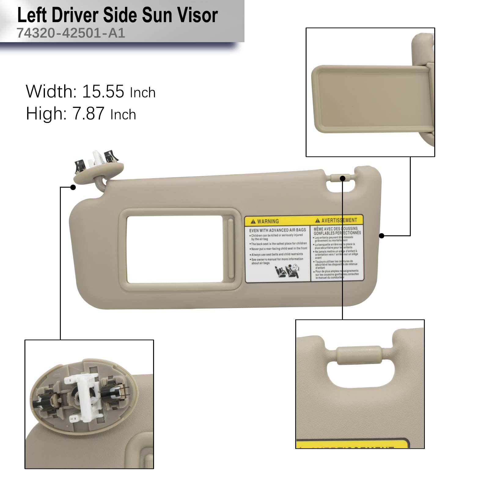 CRAZYPARTS Driver Left Side Sun Visor for Toyota RAV4 2006-2013, Beige, Model 74320-42501-A1, Plastic Material