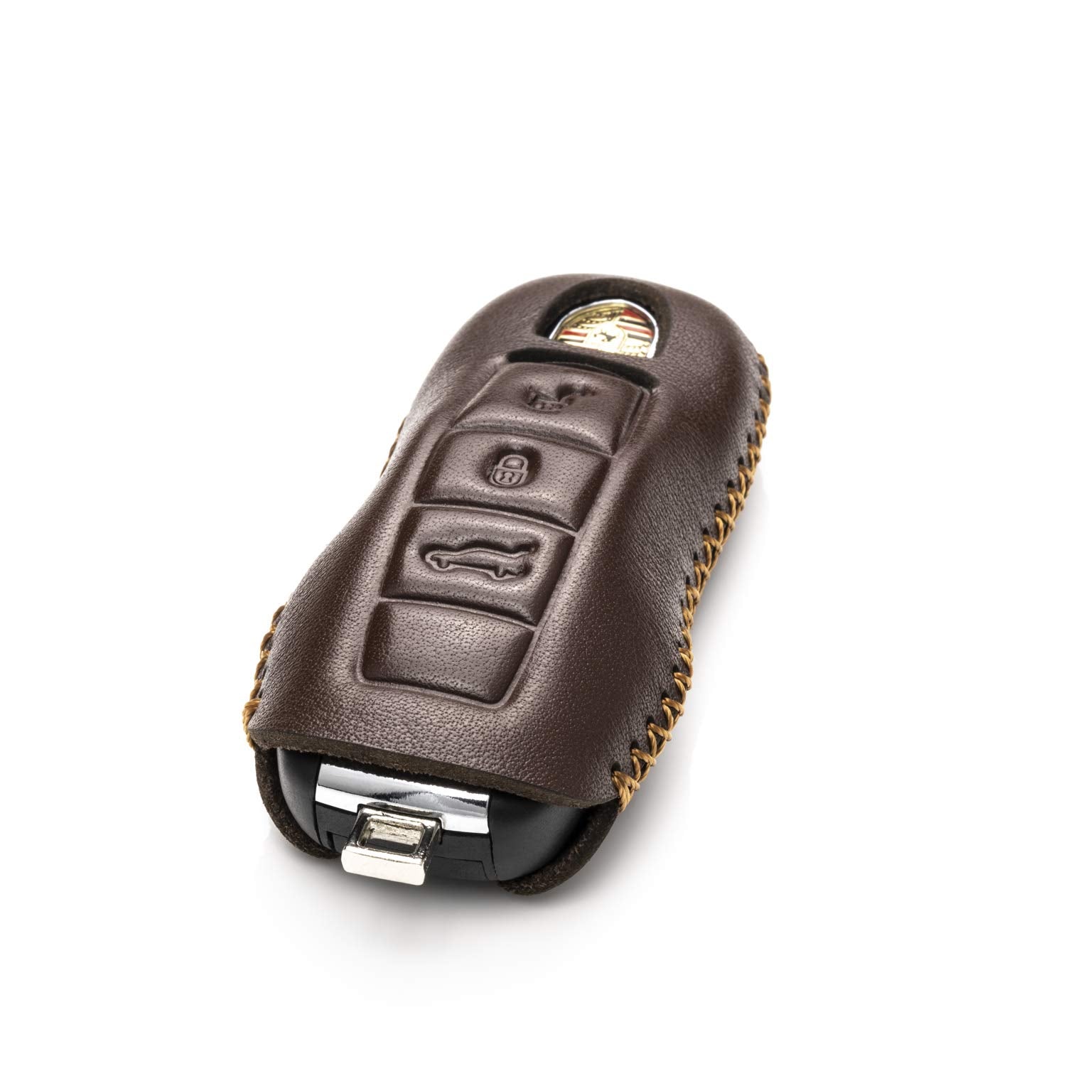 Vitodeco Genuine Leather Smart Key Fob Case with Leather Key Strap Compatible for Porsche 718, Porsche 911, Porsche Panamera, Porsche Cayenne (3-Button, Brown)