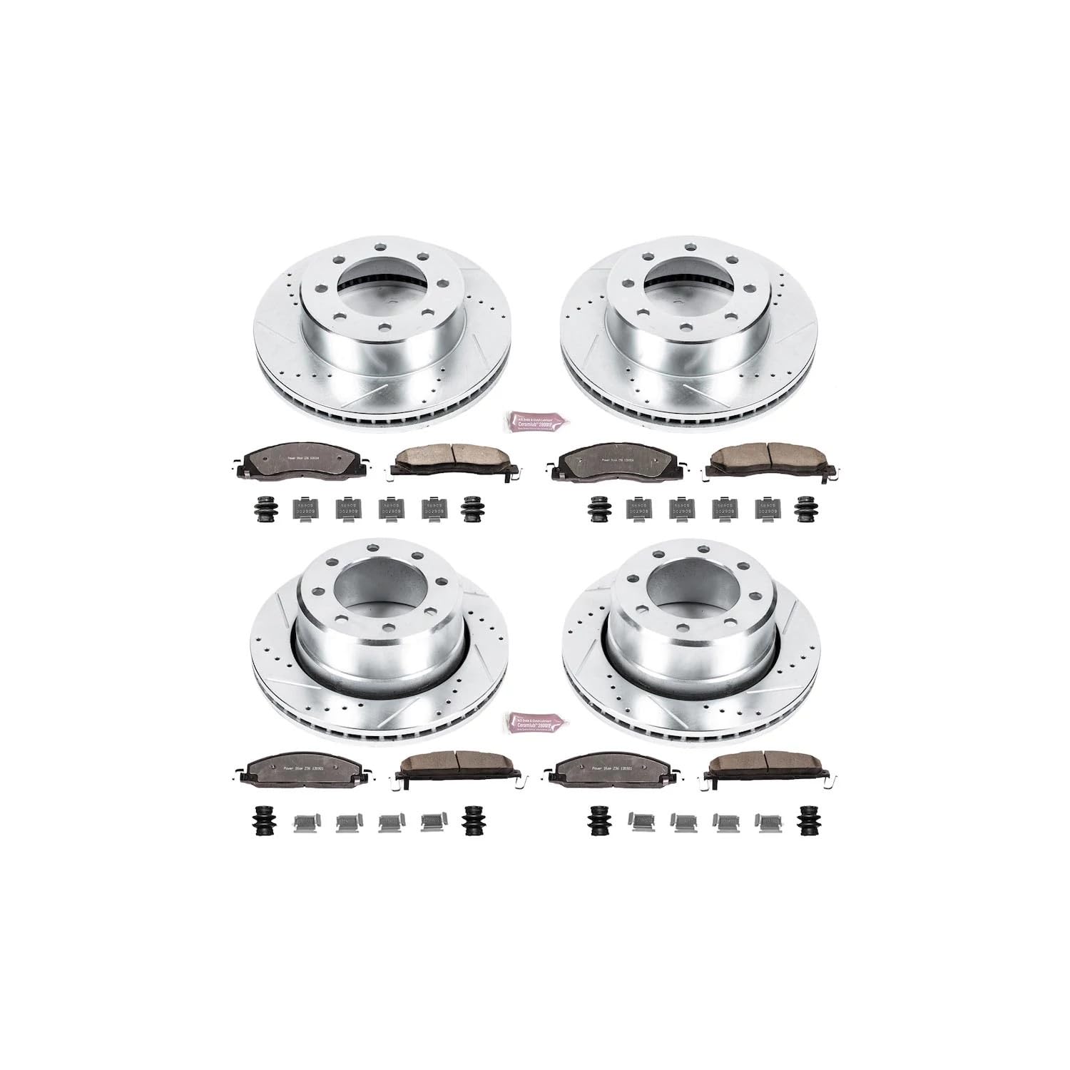 Power Stop Brake Kit Dodge Ram 1500 2500 3500 Pickup - Front and Rear Truck and Tow Carbon Fiber Ceramic Brake Pads with Drilled