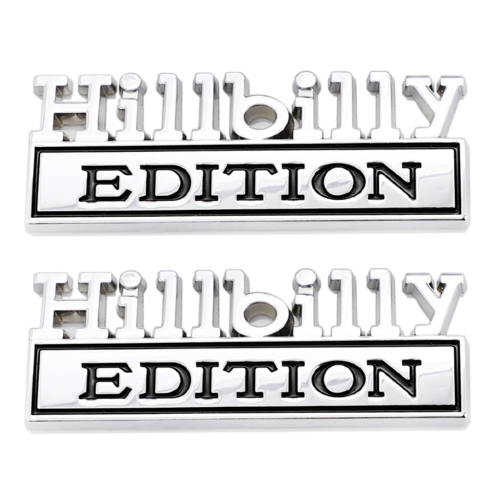 2 Pcs Hillbilly Edition Emblem Car Side Rear Front Hood Trunk Door Badge 3D Decal Sticker Fit For Car Truck Suv (Hillbilly, Silv
