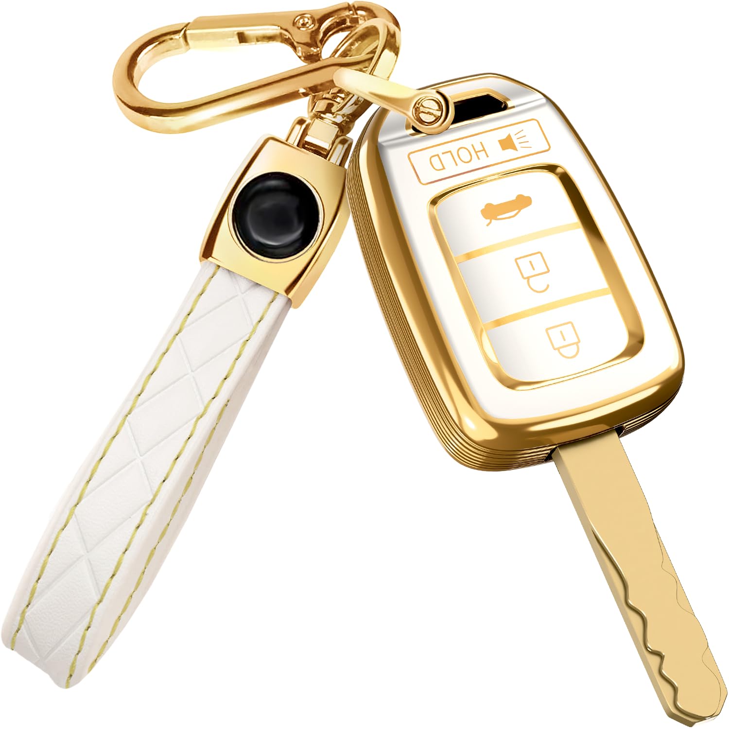For Honda Civic Key Fob Cover And Leather Keychain - Full Cover Key Case For Honda Accord, Cr-V Se, Crv Lx, Hr-V - 2014-2022 Tpu Keyfob Cover Compatible With Mlbhlik6-1T - White And Gold