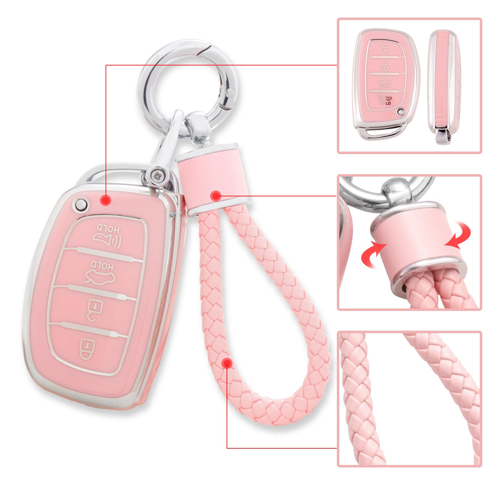 YO&YOYE for Hyundai Key Fob Cover with Keychain, Pink Soft TPU Key Case Protection Shell Fit for lantra Ioniq Sonata Tucson Elan