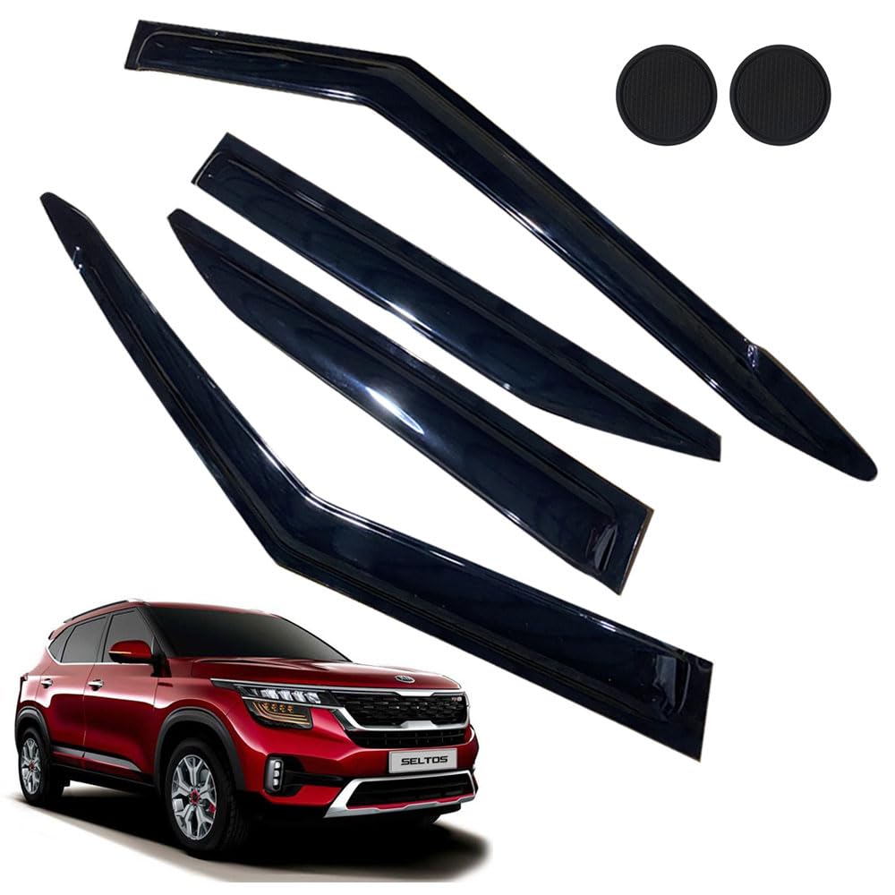 Rain Guards For Seltos 2021-2023, Tape-On Side Window Deflectors, Window Visors For Kia Cars - 4 Rain Guards & 2 Car Coasters