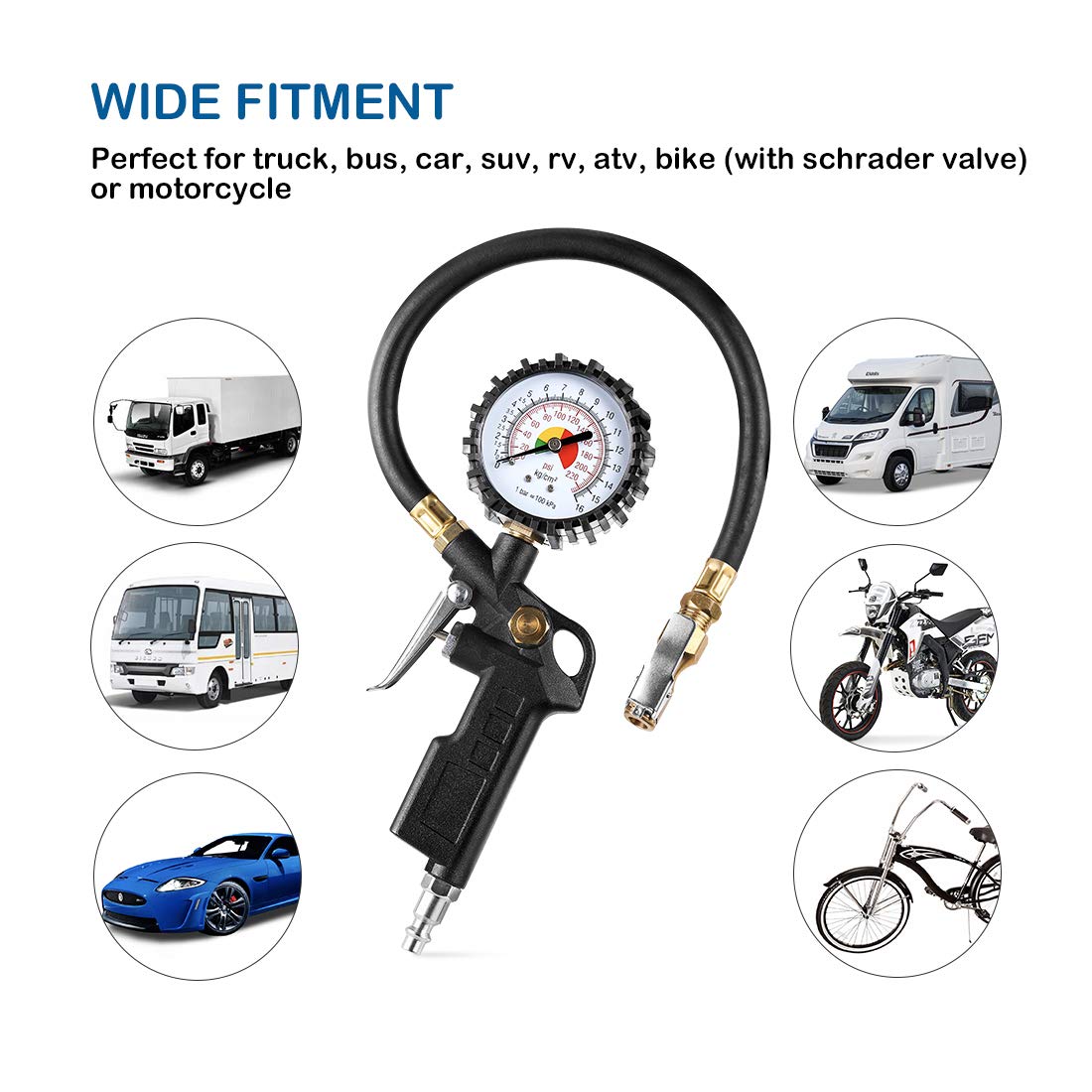 CZC AUTO Tire Inflator Deflator Air Pressure Gauge with Rubber Hose, 2-1/2' Dial Wheel Inflator Gage with Straight Brass Lock-on Chuck Compatible with Air Pump Compressor for RV Car Motorcycle Bike