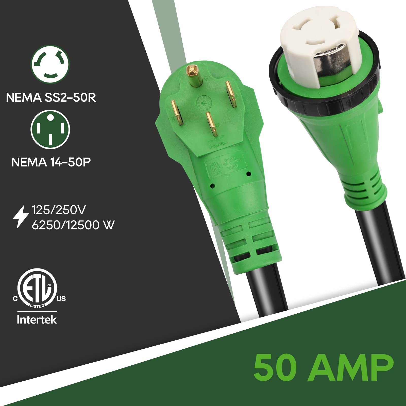 Rvguard 50 Amp 15 Foot Rv Power Cord, 14-50P To Ss2-50R Generator Extension Cord, Heavy Duty Stw Cord With Led Power Indicator A