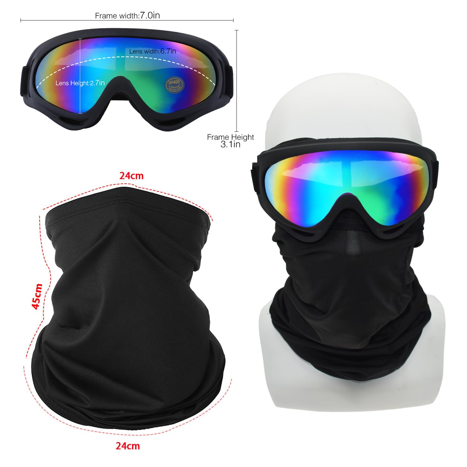 Ljdj Motorcycle Goggles,2 Pack Dirt Bike Atv Motocross Riding Hiking Protective With 2 Pack Neck Breathable Bandana Mask (Black