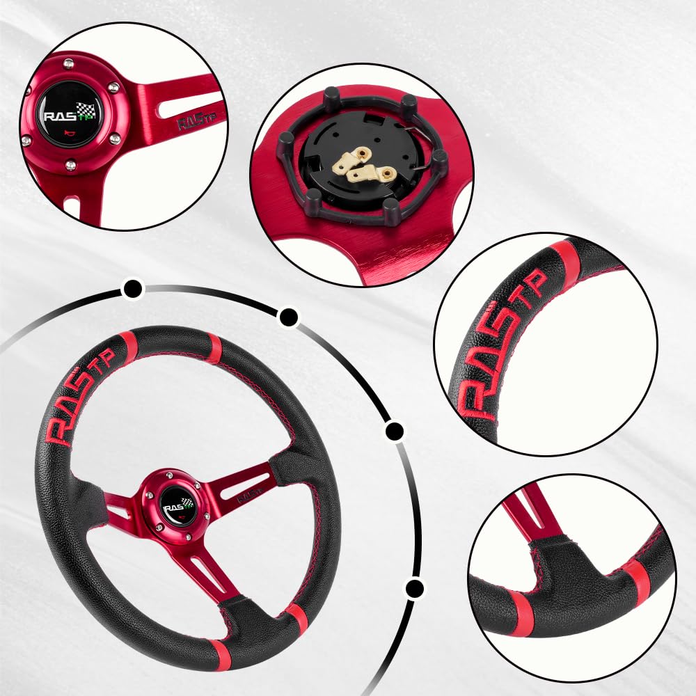 Rastp Universal Racing Steering Wheel,Deep Dish Steering Wheel Leather Embroidery 13.58”/345Mm 6 Bolts With Horn Button Include Cable, Wrench,Red