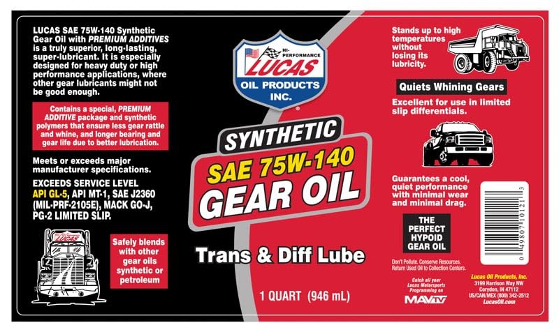 Lucas Oil 10121-12 75W140 Synthetic Transmission And Diff Lube - 1 Quart - Case Of 12