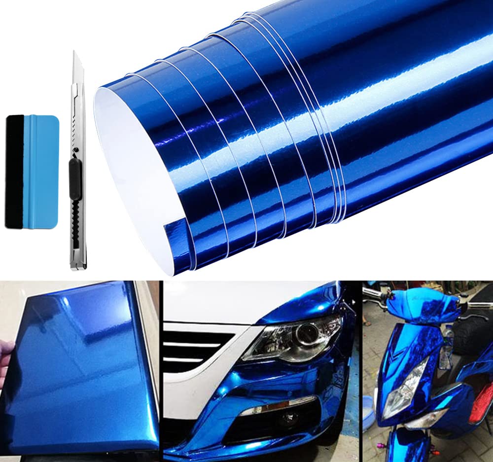 LZLRUN 1FT x 5FT Chrome Mirror Vinyl Wrap Adhesive Car Sticker Decal Film (Blue, 1FT x 5FT)