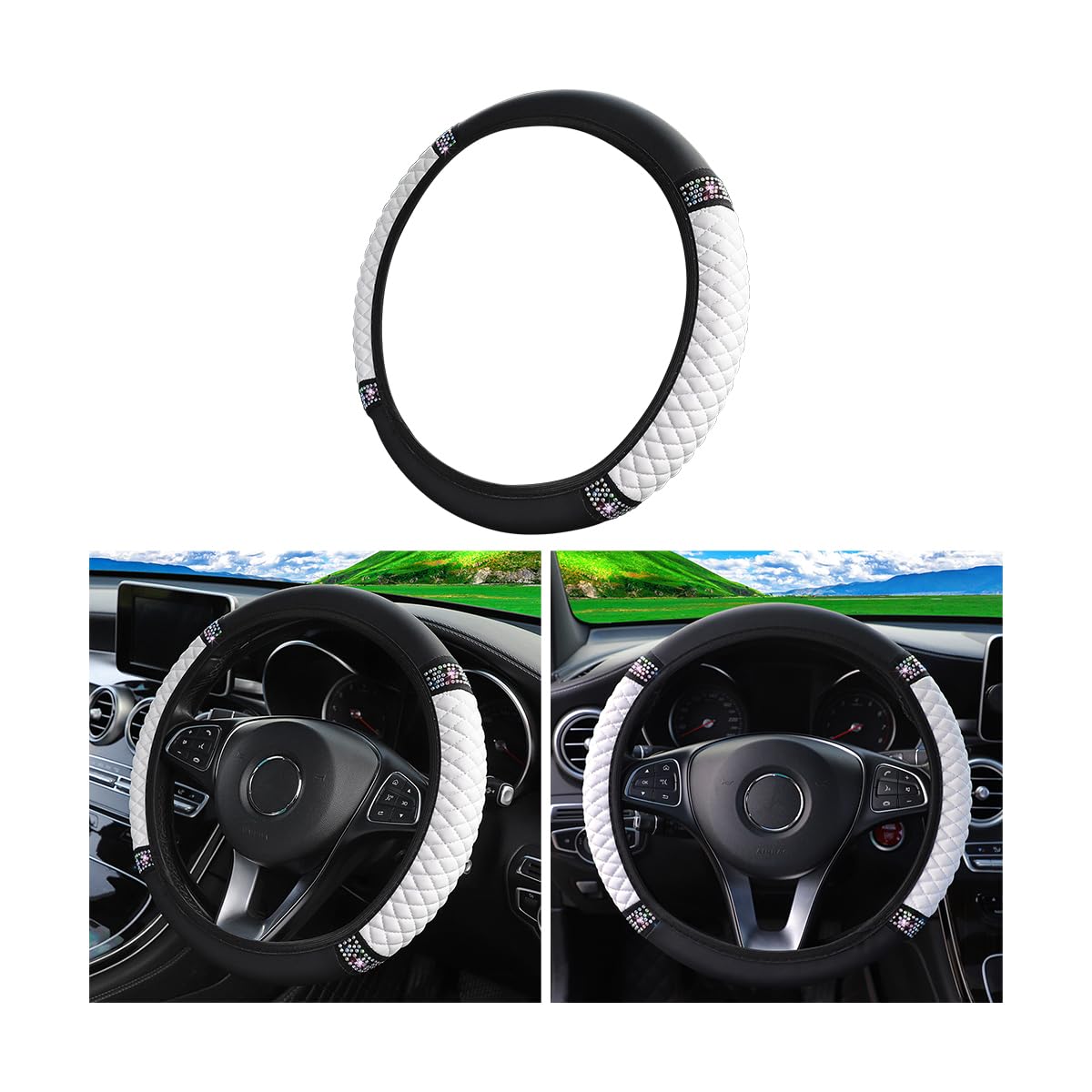 Bling Steering Wheel Cover, Universal 15 Inch Soft Pu Leather With Colorful Rhinestones, Crystal Diamond Elastic Steering Wheel Protector, Sparkly Auto Accessories For Women Girl (White)