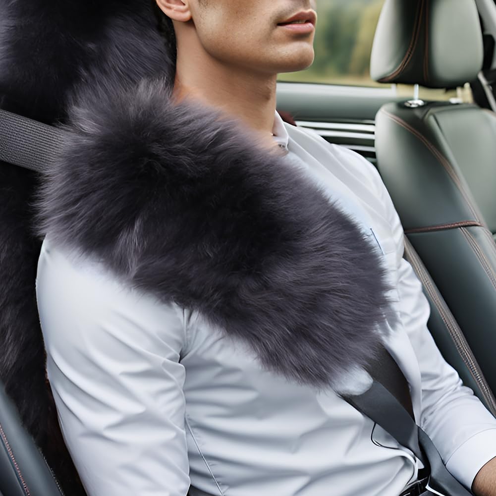 Long Wool Sheepskin Seat Belt Covers, Seatbelt Pads For Adults Kids Women Universal Car 2 Pack (Steel)