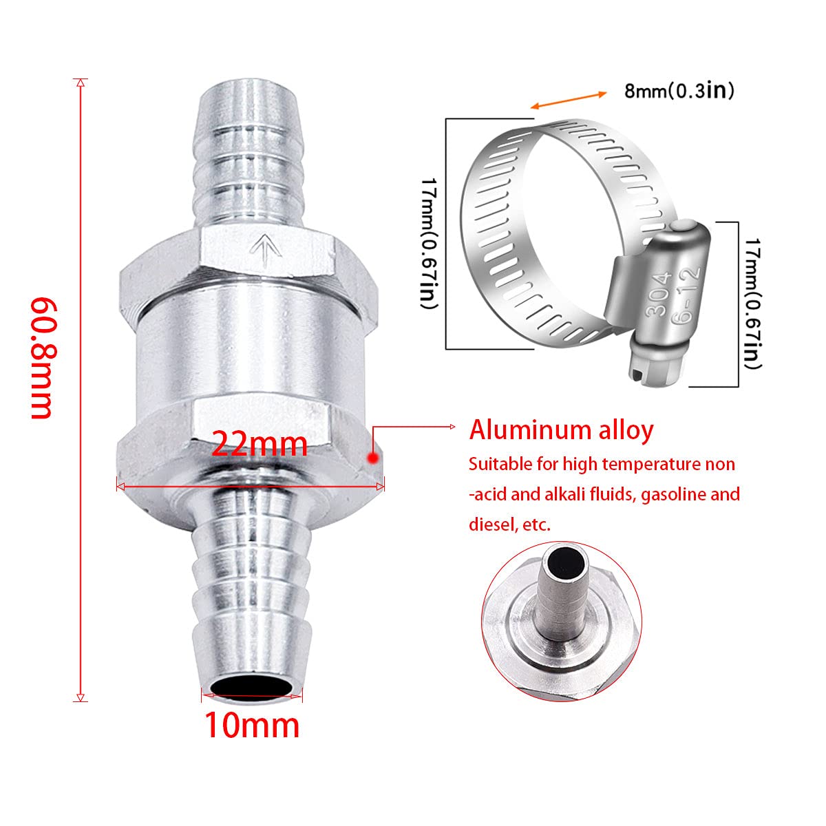 mxuteuk 2Pcs 3/8'' 10mm Aluminium Silver Non Return One Way Check Valve with 4Pcs 6-12mm Universal Adjustable Hose Clamps for Fu