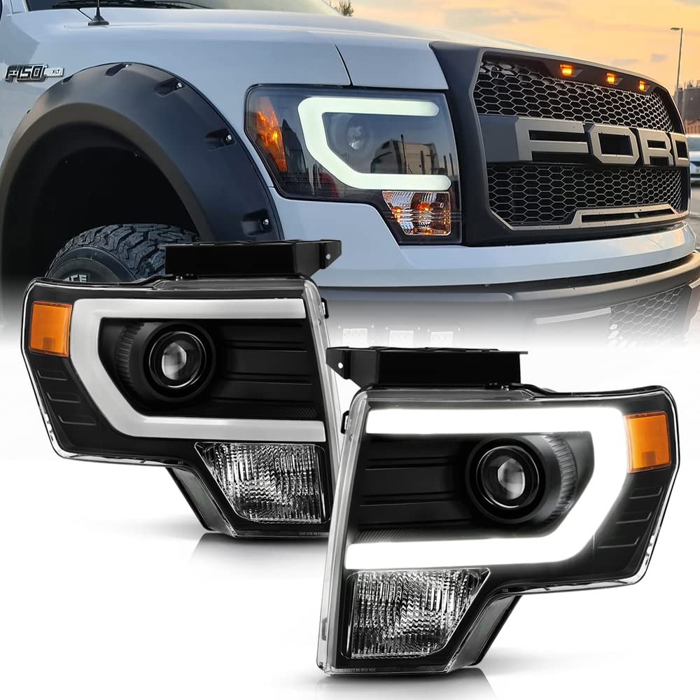 Acanii - Replacement For [Halogen Model] 2009-2014 Ford F150 Pickup Black Raptor Style Led Tube Projector Headlights Pair Left+R