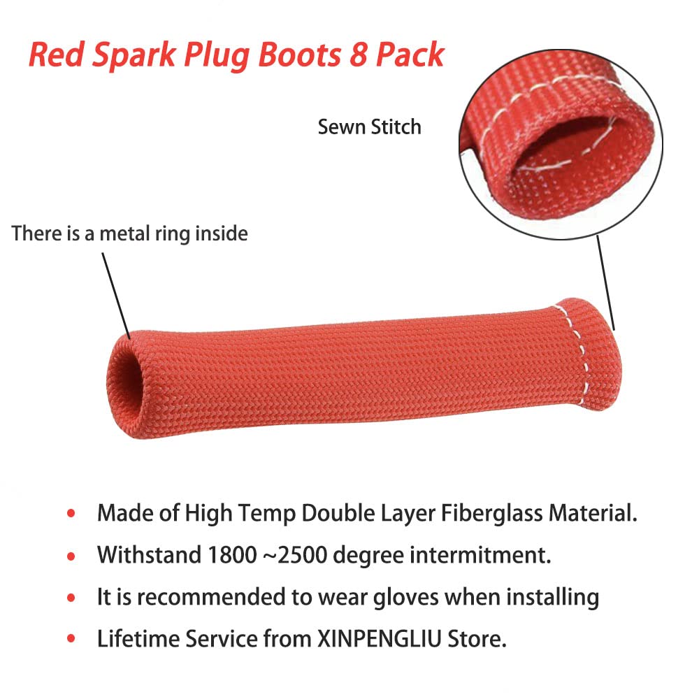 Spark Plug Wire Heat Shield & Sleeve - 2500 High Temp Heat Tape Protection - 8 Pack (Red)