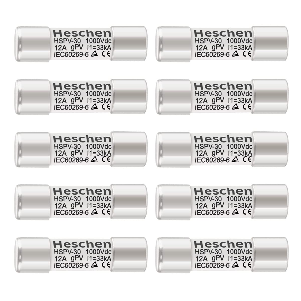 Heschen Solar Dc1000V Pv Fuse, Photovoltaic Fuses, Gpv Type Fuse Link, Hspv-30, 10 * 38Mm, 12A 1000Vdc, I1 33Ka, For Solar Pv System Protection, 10Pcs
