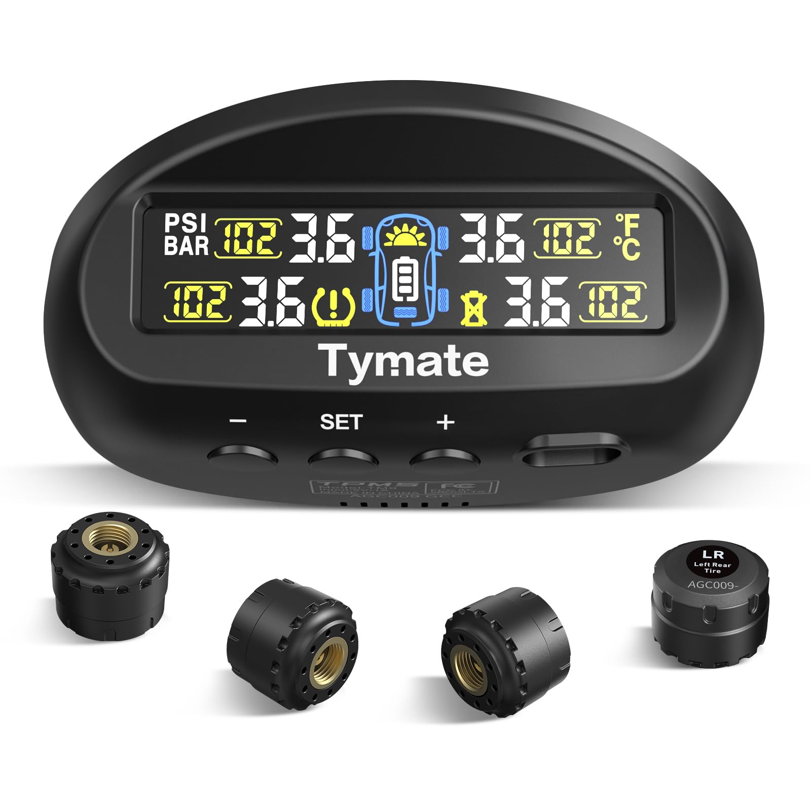 Tymate TM9 Tire Pressure Monitoring System, Compact Wireless Solar TPMS with 4 External Sensors & 6 Alarm Modes, Install on Wind