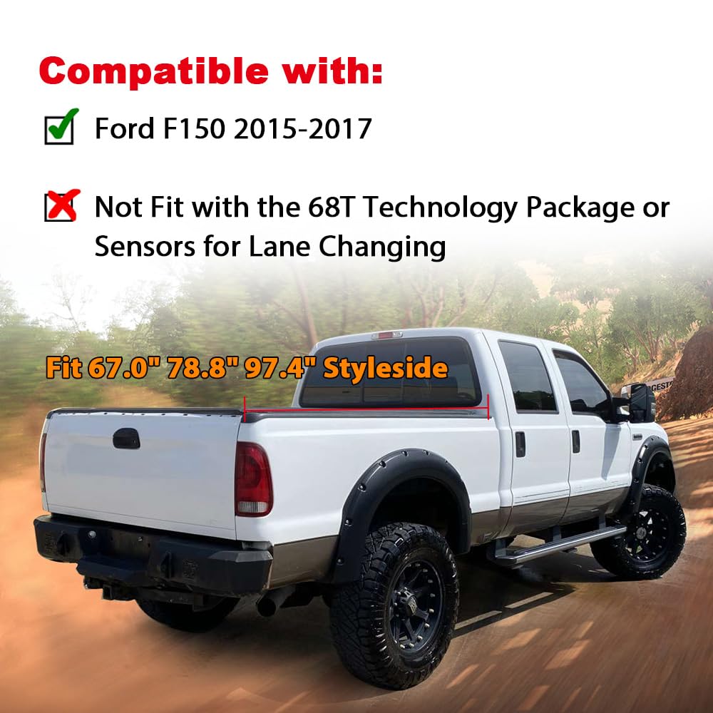 PIT66 4PCS Smooth Pocket-Rivet Wheel Fender Flares, Compatible with 2015 2016 2017 Ford F150 Styleside with 67.0'' / 78.8'' / 97