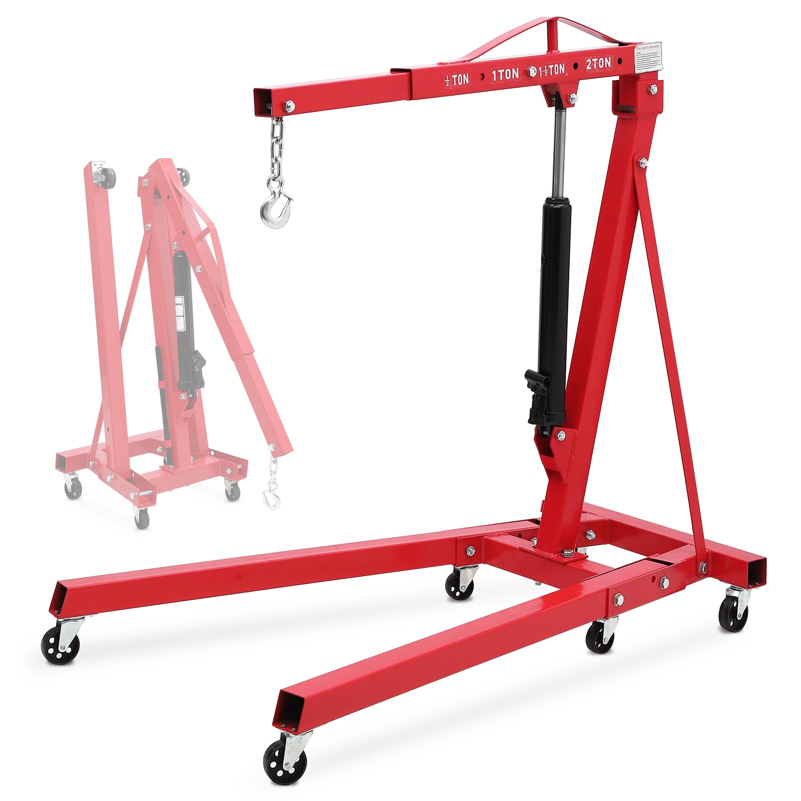 KOKEBREN 2 Ton Engine Hoist, Folding Cherry Picker Engine Hoist with Lever and 6 Casters, 4400lbs Heavy Duty Hydraulic Shop Cran
