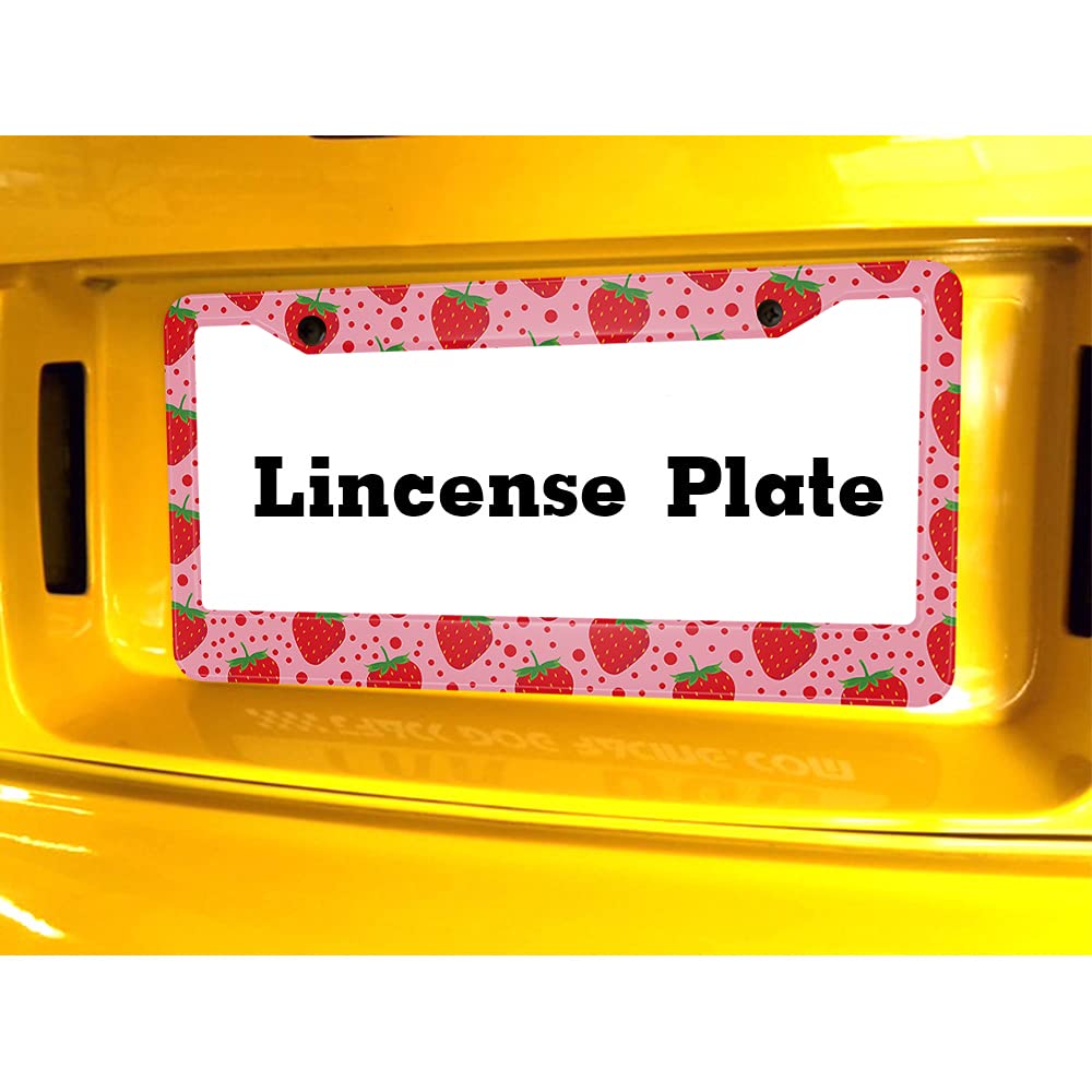 Beabes Cute Strawberry Pattern Fruit Pink License Plate Holder Polka Dots Red Frame License Plate Cover Car Accessories 2 Holes