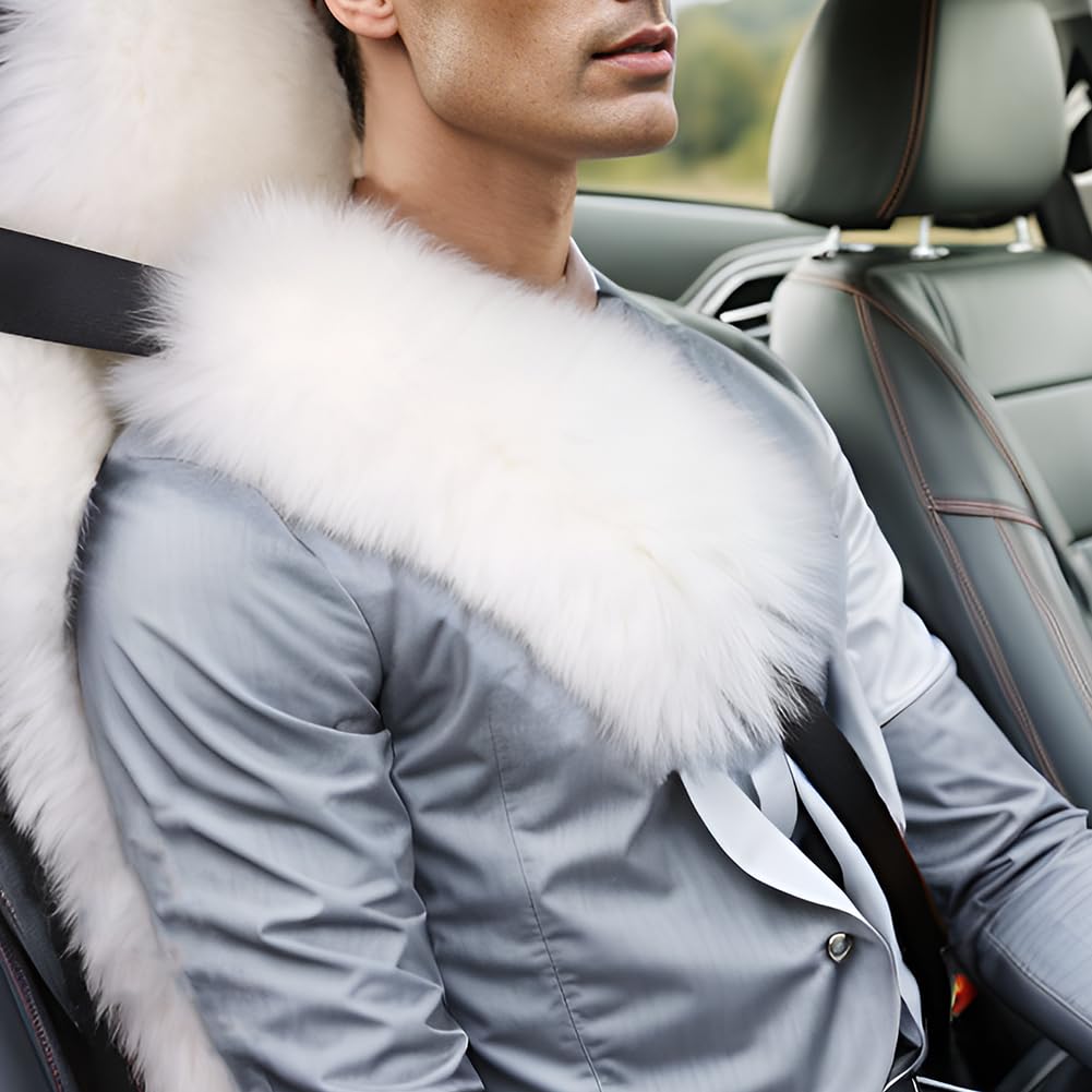 Long Wool Sheepskin Seat Belt Covers, Seatbelt Pads For Adults Kids Women Universal Car 2 Pack (White)