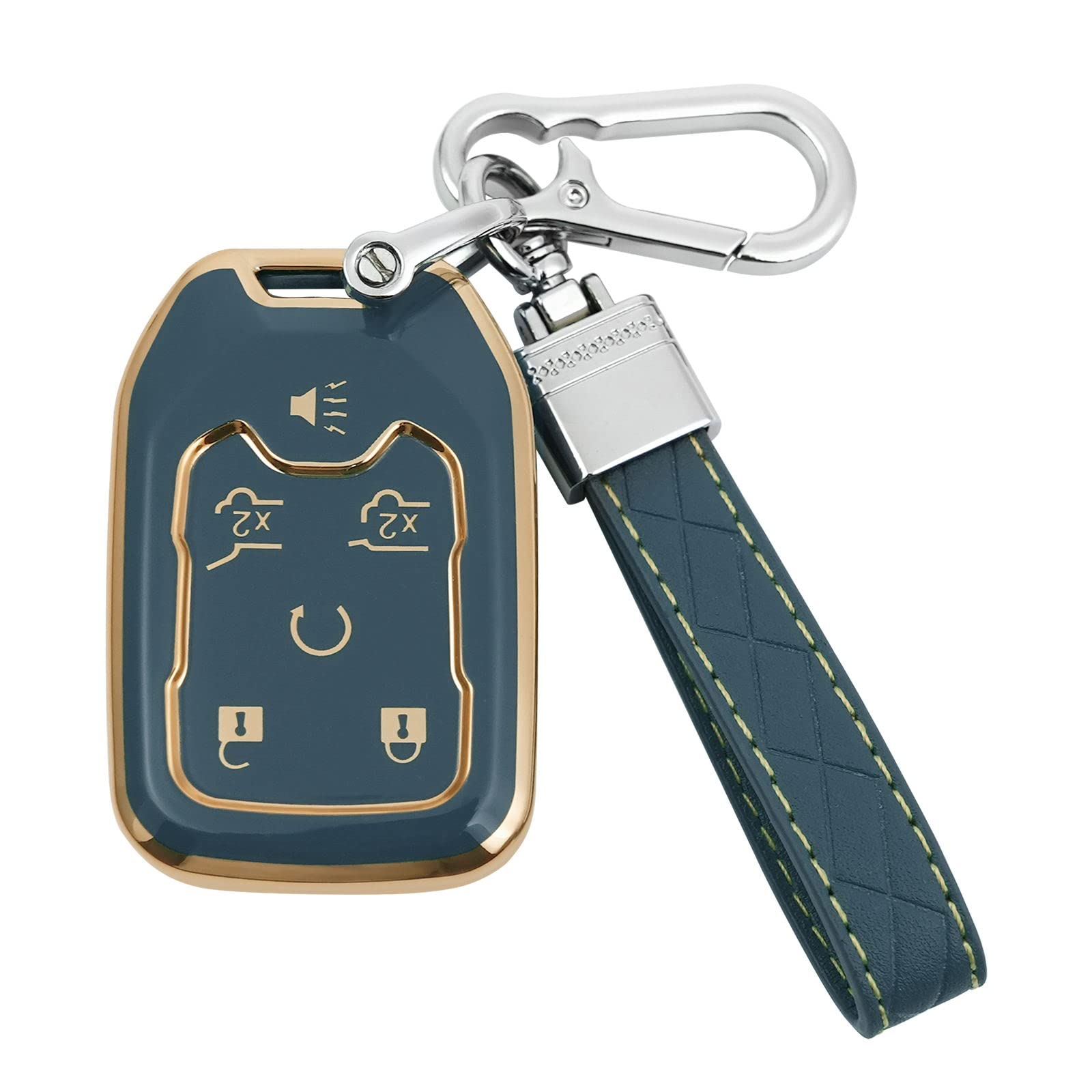 Key Fob Cover For Chevy Tahoe Suburban Gmc Yukon Accessories With Keychain 6 Button Key Shell Case Tpu (Blue)