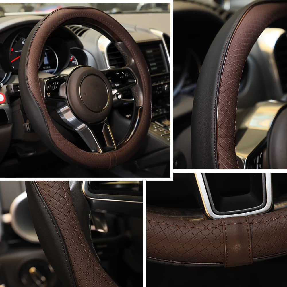 Car Steering Wheel Cover, Anti-Slip, Safety, Soft, Breathable, Heavy Duty, Thick, Full Surround, Sports Style (Black Brown)