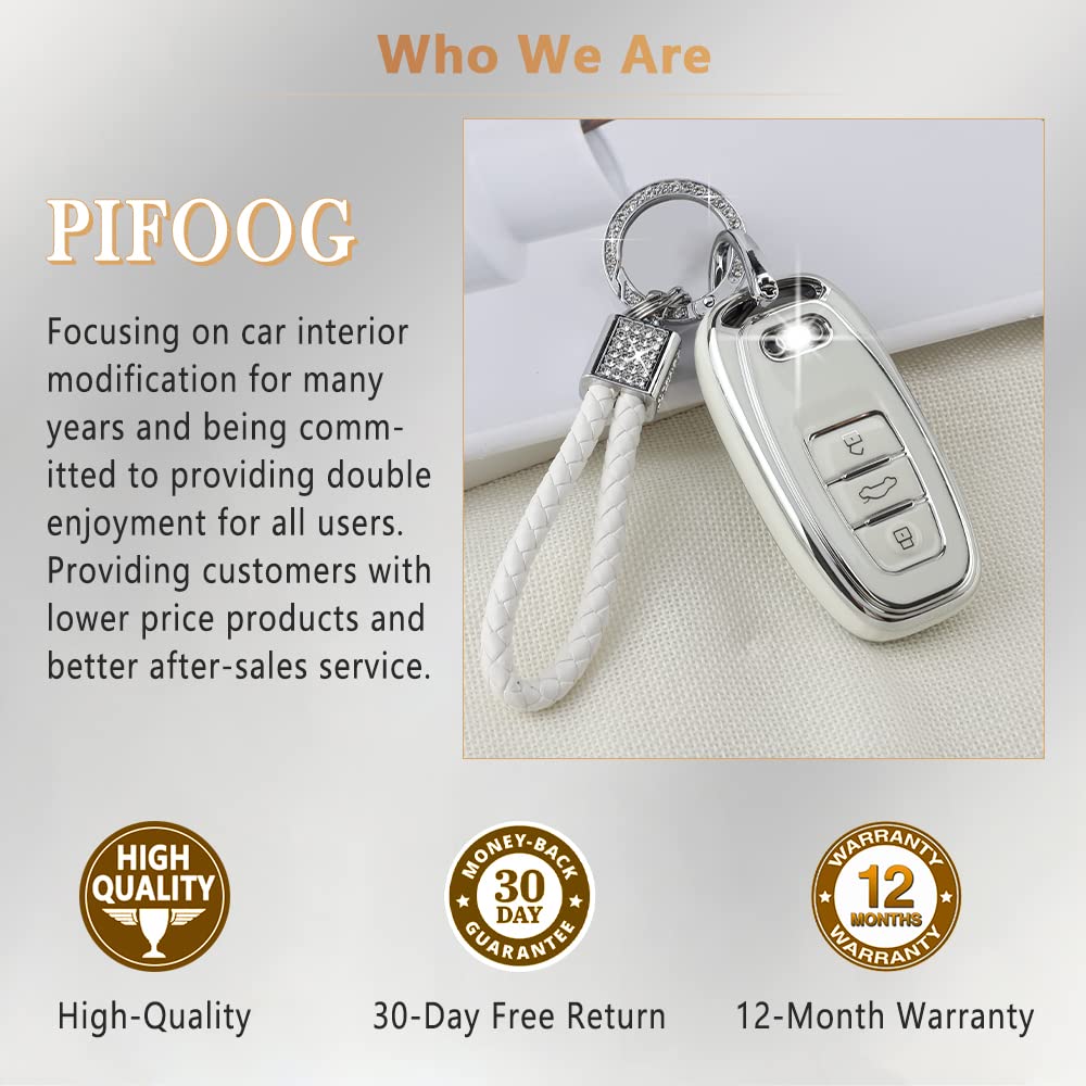 Pifoog Key Fob Cover For Audi 4 Buttons Tpu Soft Keys Case Shell Bling Keychain Car Accessories For Audi Q5 A4 A5 A6 A7 A8 Rs5 Rs7 S4 S5 S6 S7 Sq5 Girly Women White Silver