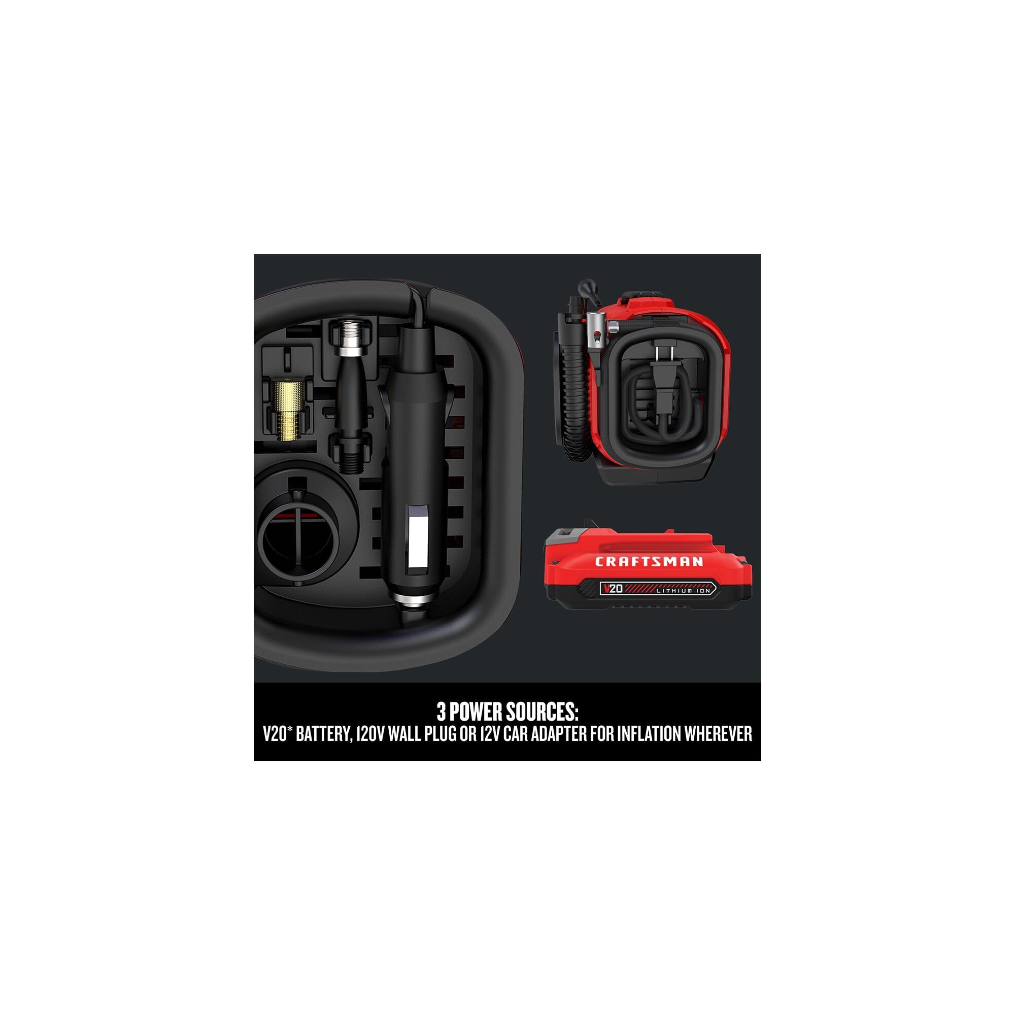 Craftsman V20 Tire Inflator, Compact Portable Design, Digital PSI Gauge, Model CMCE520B, Red, Automatic Shut Off