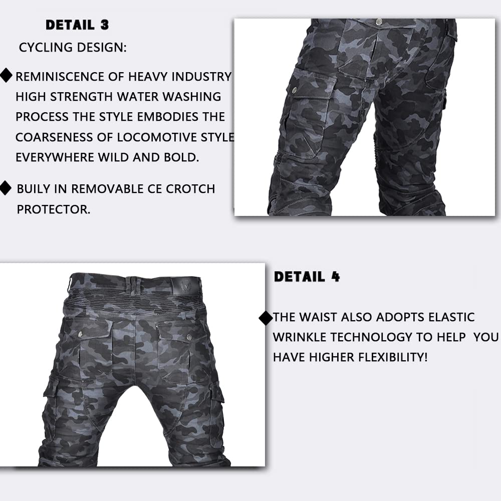 LOMENG Motorcycle Pants Motorbike Riding Denim Jeans Biker Motocross Pants with CE Removable Armored for Men Blue Camouflage L