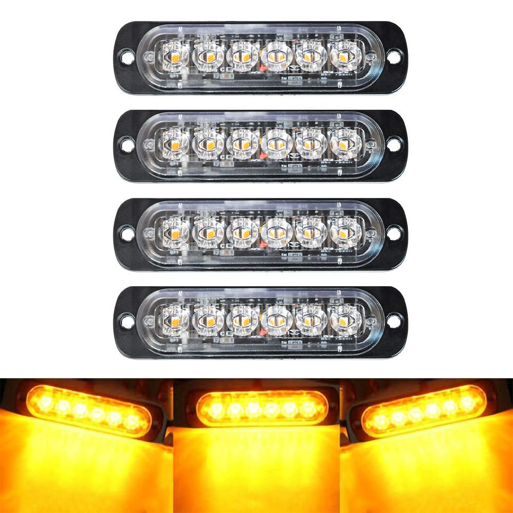 4-Pack 6 Led Amber Strobe Lights Vehicles Trucks Emergency Strobe Lights Kit 12V