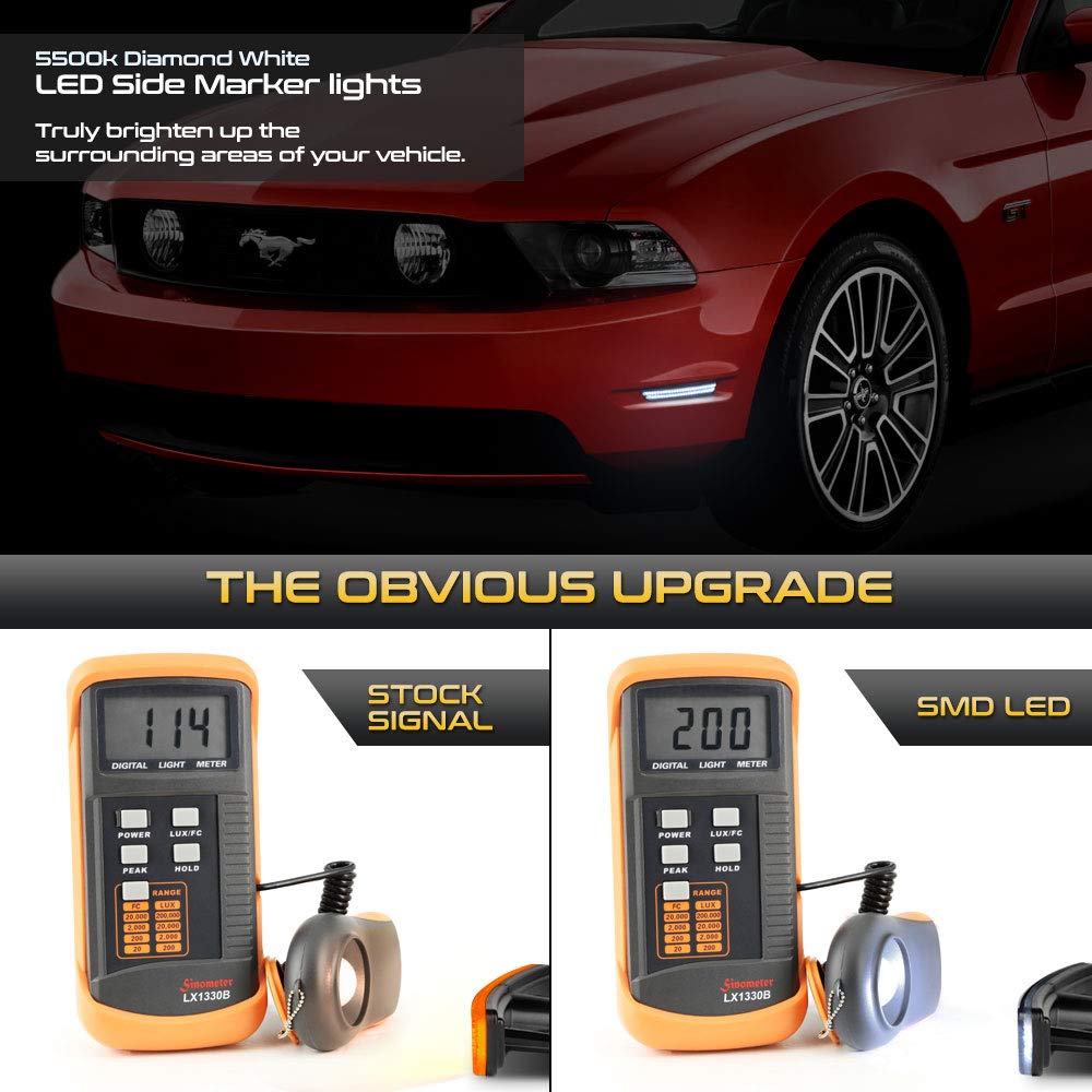 Vipmotoz Full White Led Smoke Lens Front Side Marker Light Parking Lamp For 2010-2014 Ford Mustang S197, Driver & Passenger Side