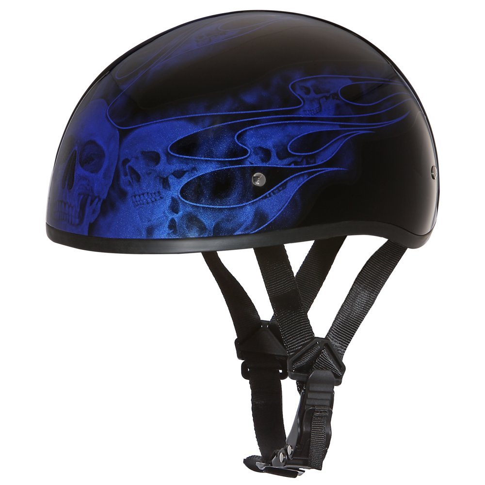 Daytona Helmets Motorcycle Half Helmet Skull Cap- Skull Flames Blue 100% Dot Approved