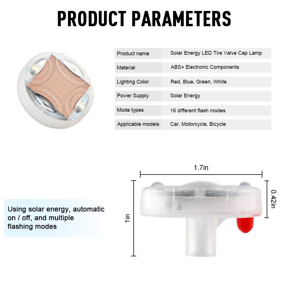 Kaidengzhe Solar Car Tire Wheel Lights Led Car Wheel Tire Air Valve Cap Light With Motion Sensors Flashing Colorful Led Gas Nozzle Cap Tire Light Use For Car Motorcycles Bicycles (Pack Of 4)