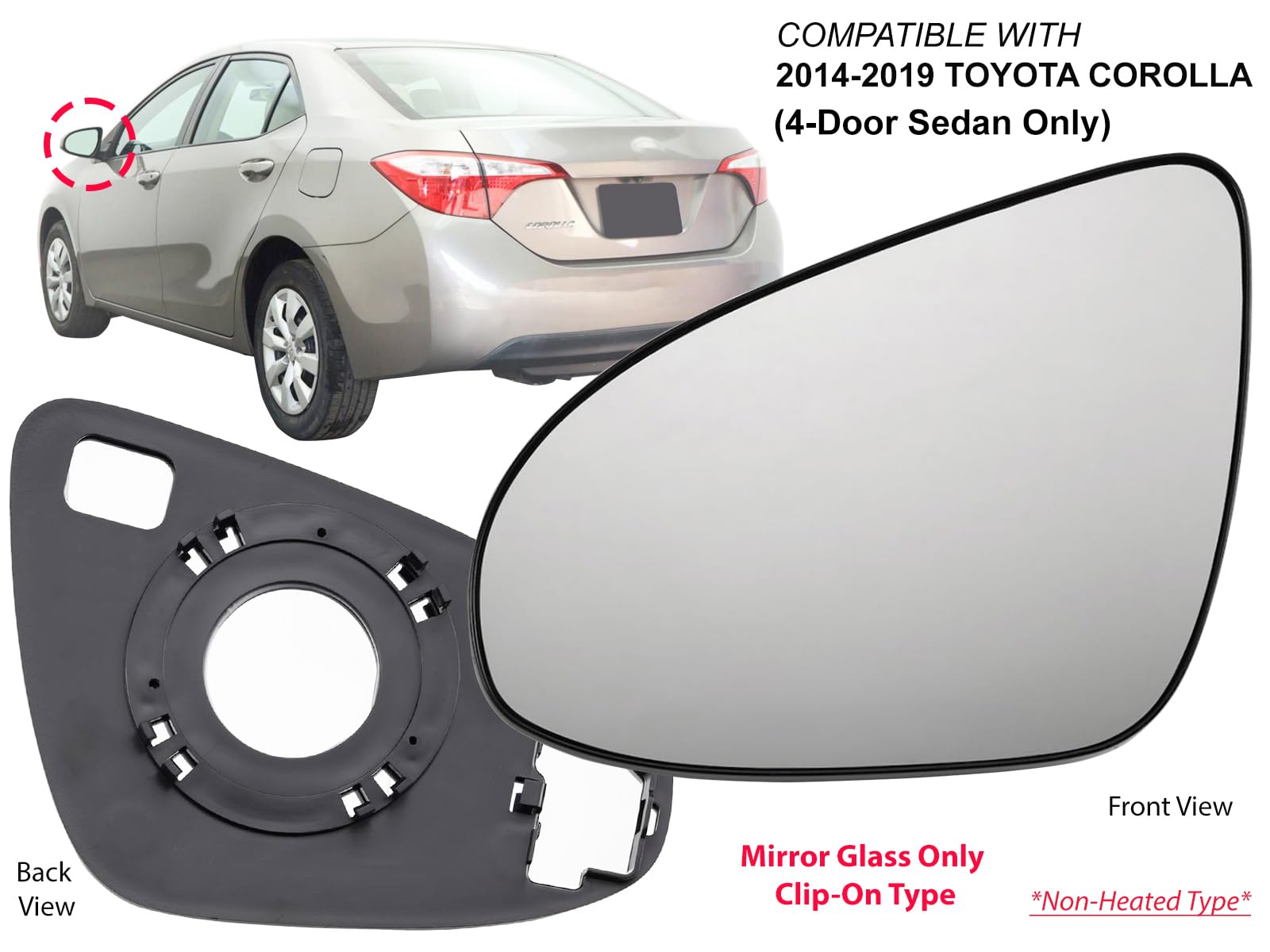 APA Replacement for Exterior Rear View Mirror Glass Non-Heated 2014-2019 Corolla Sedan Only Driver Left Side 8796102F20 TO132411