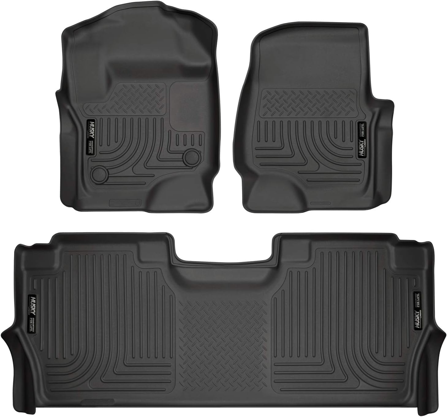 Husky Liners Weatherbeater Floor Mats | Fits 2017 - 2024 Ford F-250/F-350/F-450 Supercrew Cab With Factory Carpet & With Fold Flat Storage | Front & 2Nd Row, 3-Pc Black - 94061