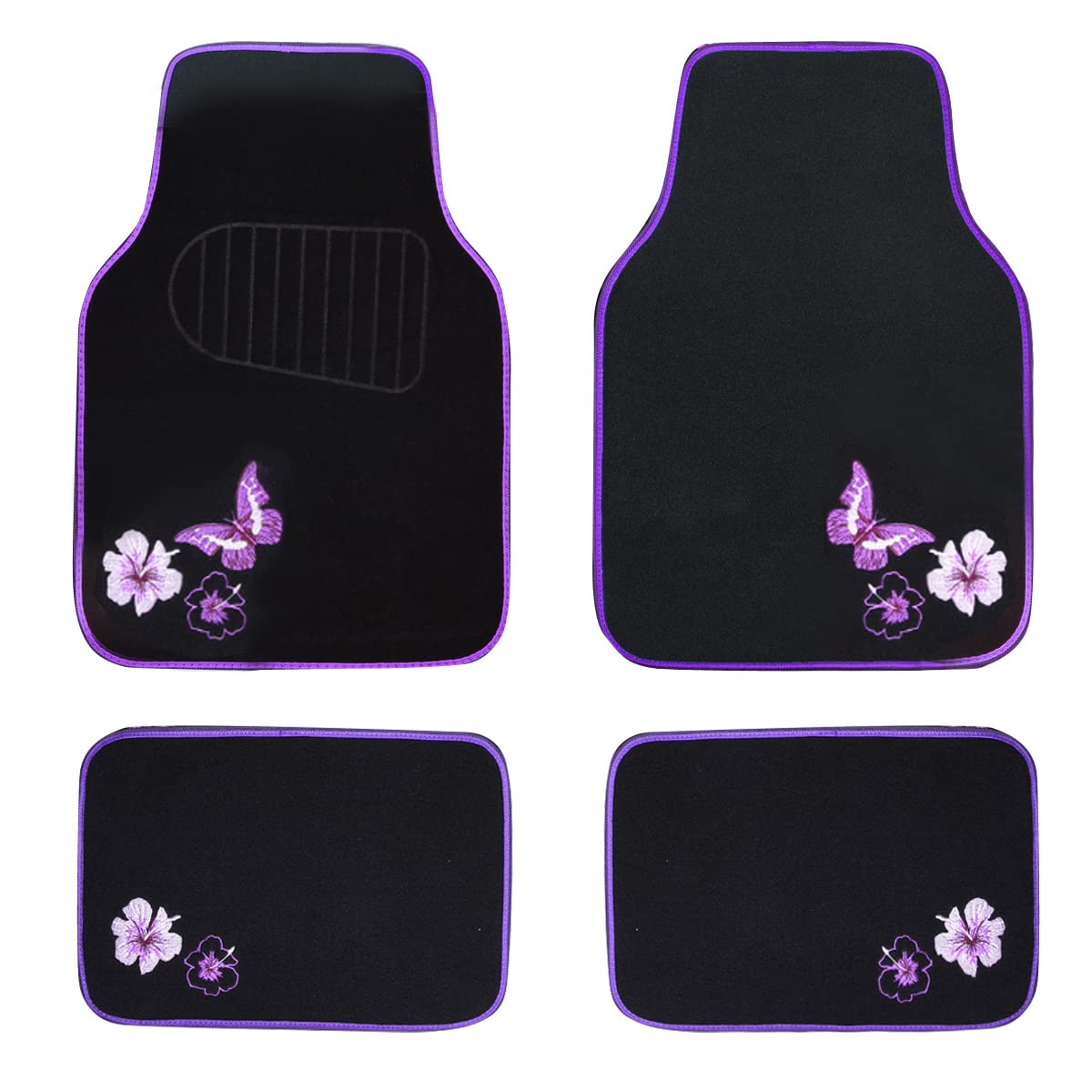 Car Pass Embroidery Butterfly And Flower Car Floor Mats, Purple Car Floor Mats, Universal Fit 95% Automotive,Suvs,Sedan,Vans,For