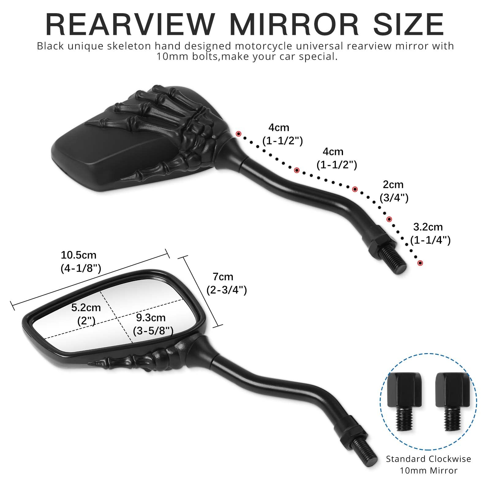 Black 8Mm/10Mm Motorcycle Skull Skeleton Rearview Side Mirrors For Scooter Chopper Bobber