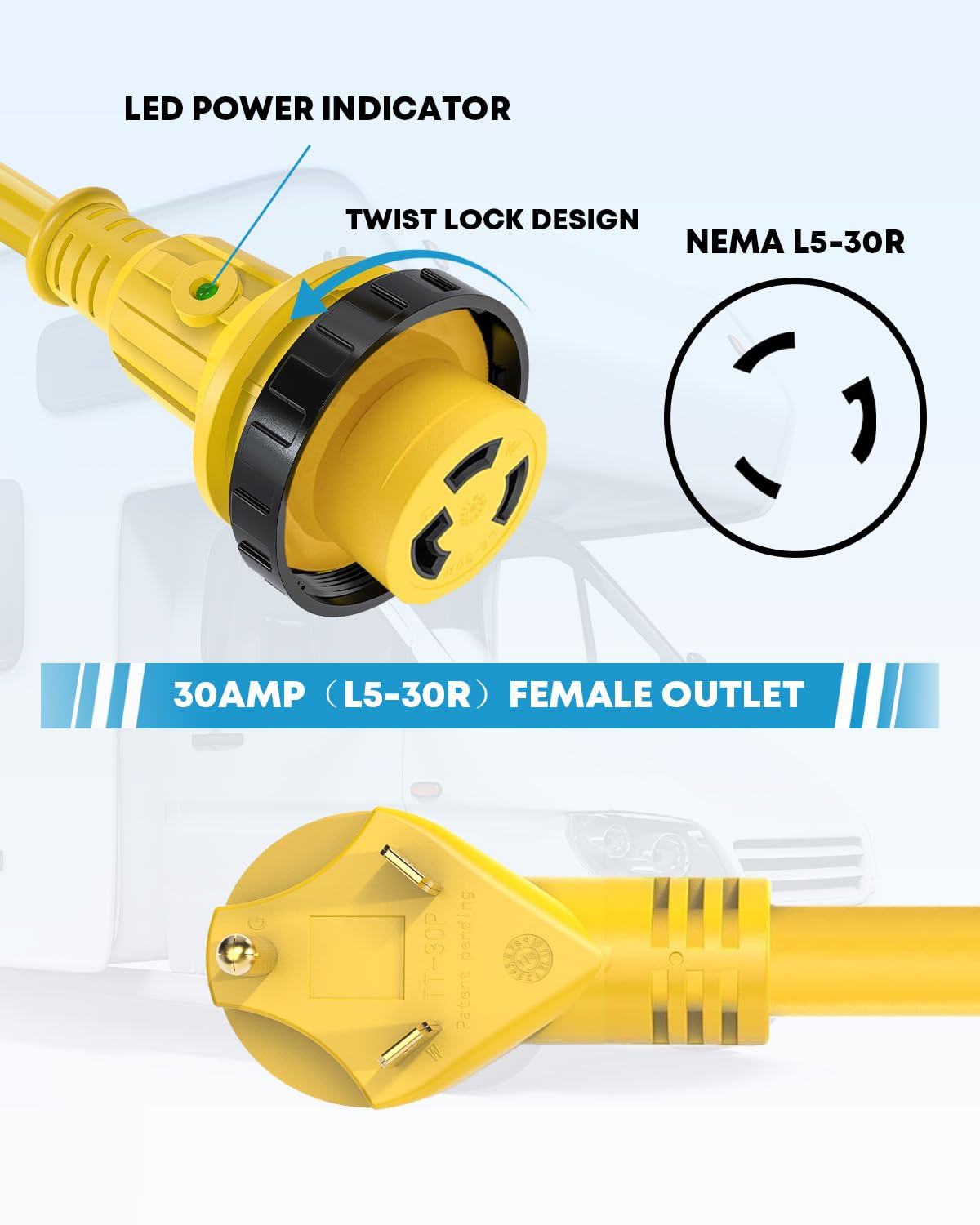 Kohree 25' Rv Power Extension Cord 30 Amp Twist Lock Rv Adapter Plug 30M/30F With Rv Power Adapter 15 Amp To 30 Amp, Led Indicat