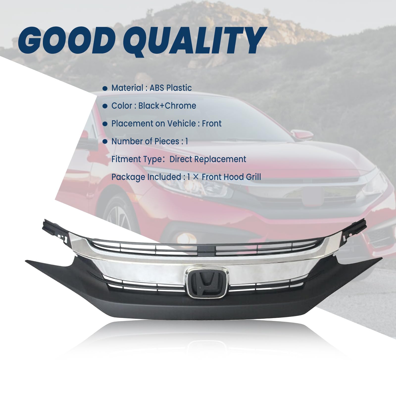 Kspeed Front Bumper Grille for 2016 2017 2018 Honda Civic, Black with Chrome Molding Front Upper Hood Grill Replacement Part