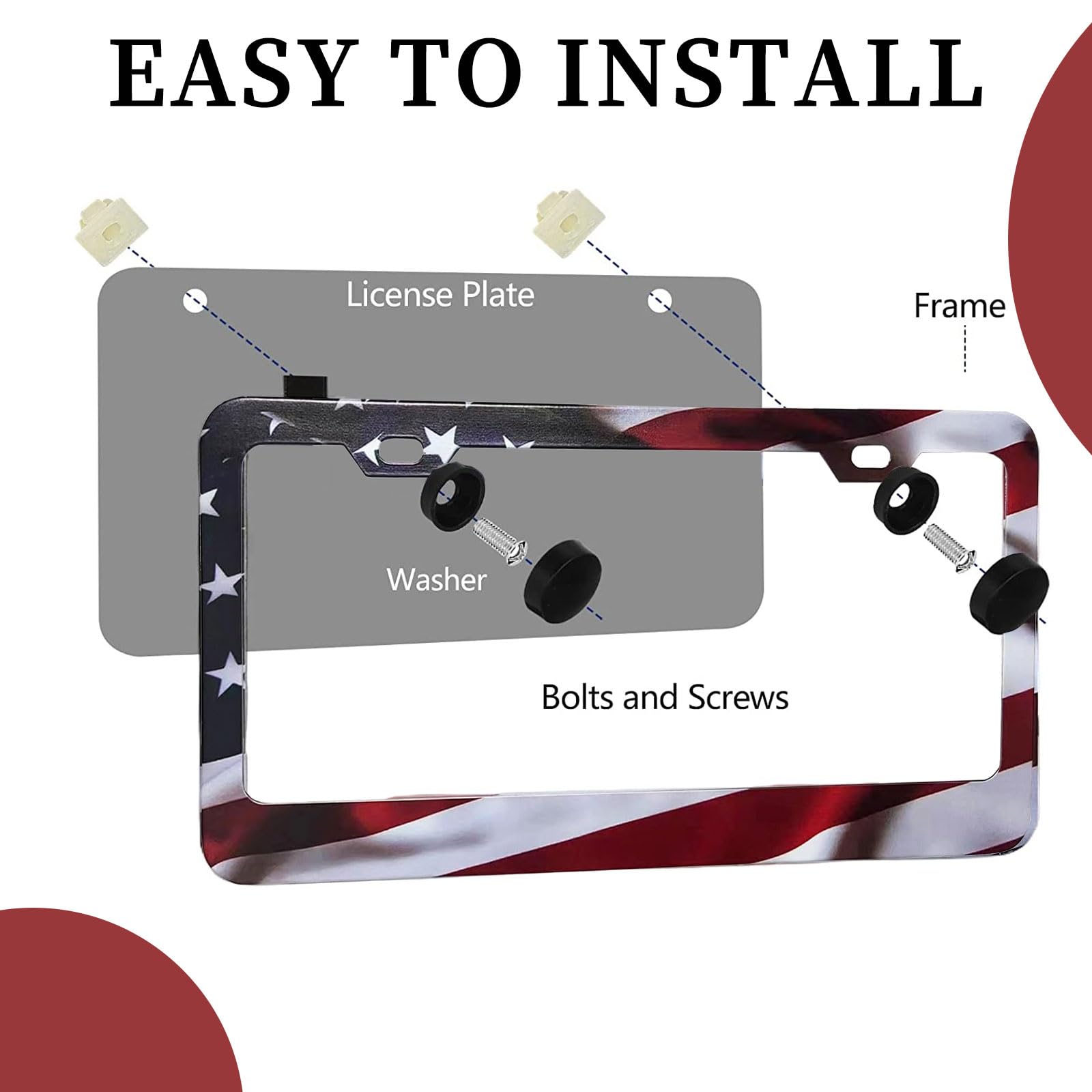Patriotic American Flag License Plate Frame Holder - 2 Pack Universal Aluminum Matte Stripe Us Flag Gloss Car Plate Frame Covers