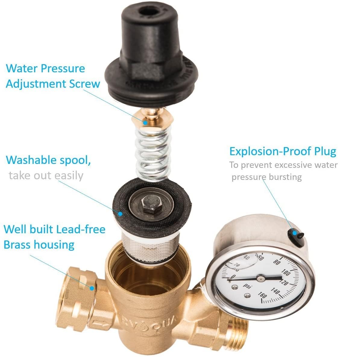 Rvaqua M11-45Psi Adjustable Water Pressure Regulator For Rv Camper - Essential Rv Accessories With 160 Psi Gauge, Inlet Stainles