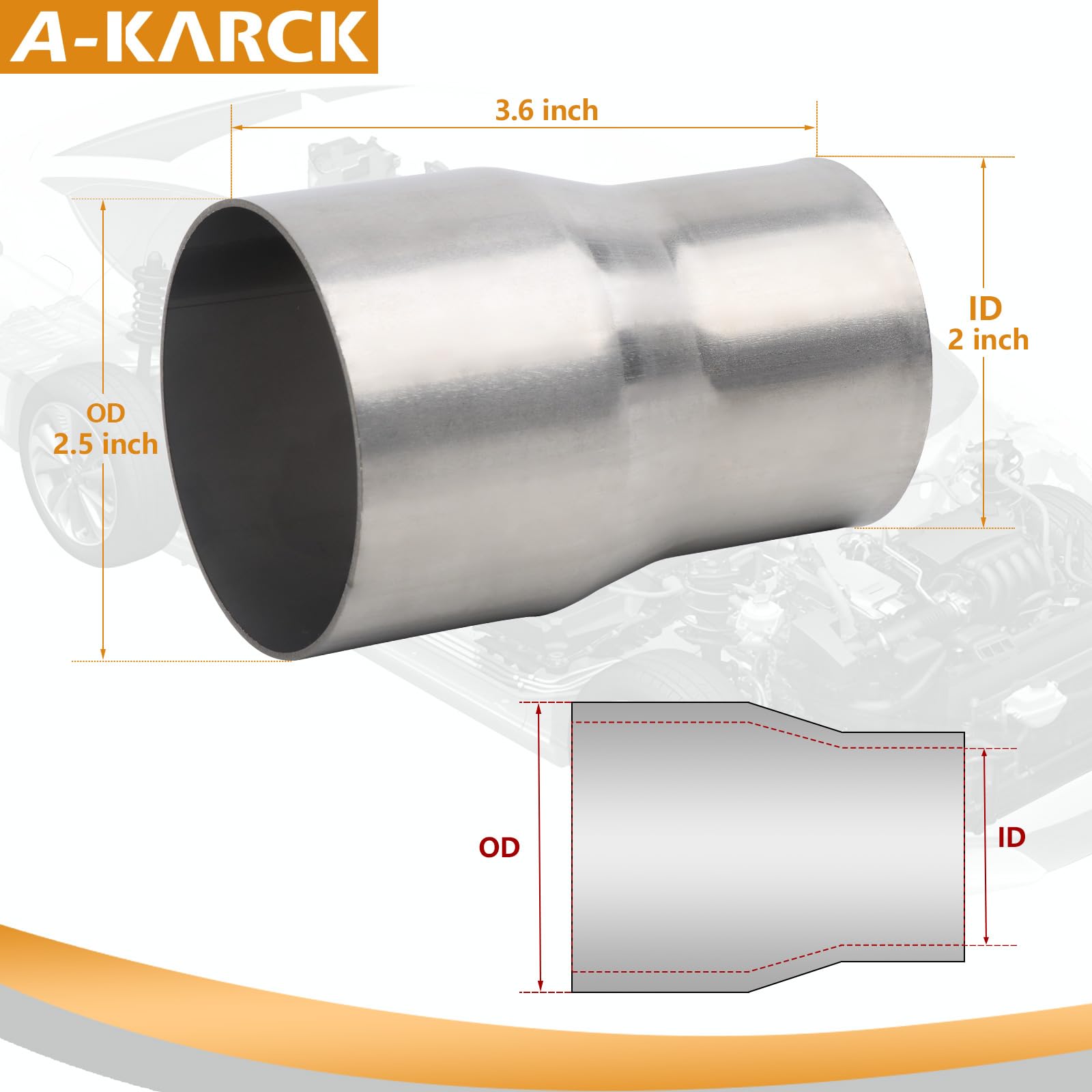 A-KARCK Stainless Steel Exhaust Adapter 2'' ID to 2.5'' OD, Engine Exhaust Pipe Reducer 3.6'' Overall Length