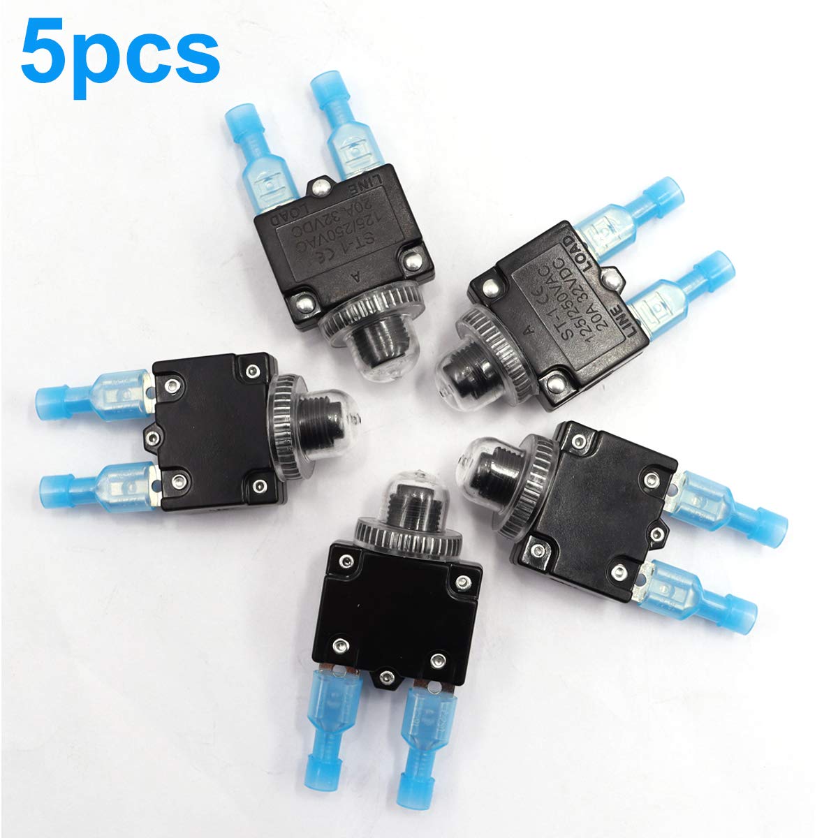 mxuteuk 5Pcs 20Amp Circuit Breakers Push Button Manual Reset 125/250V AC 32V DC,Overload Protector Switch Thermal Circuit Breake