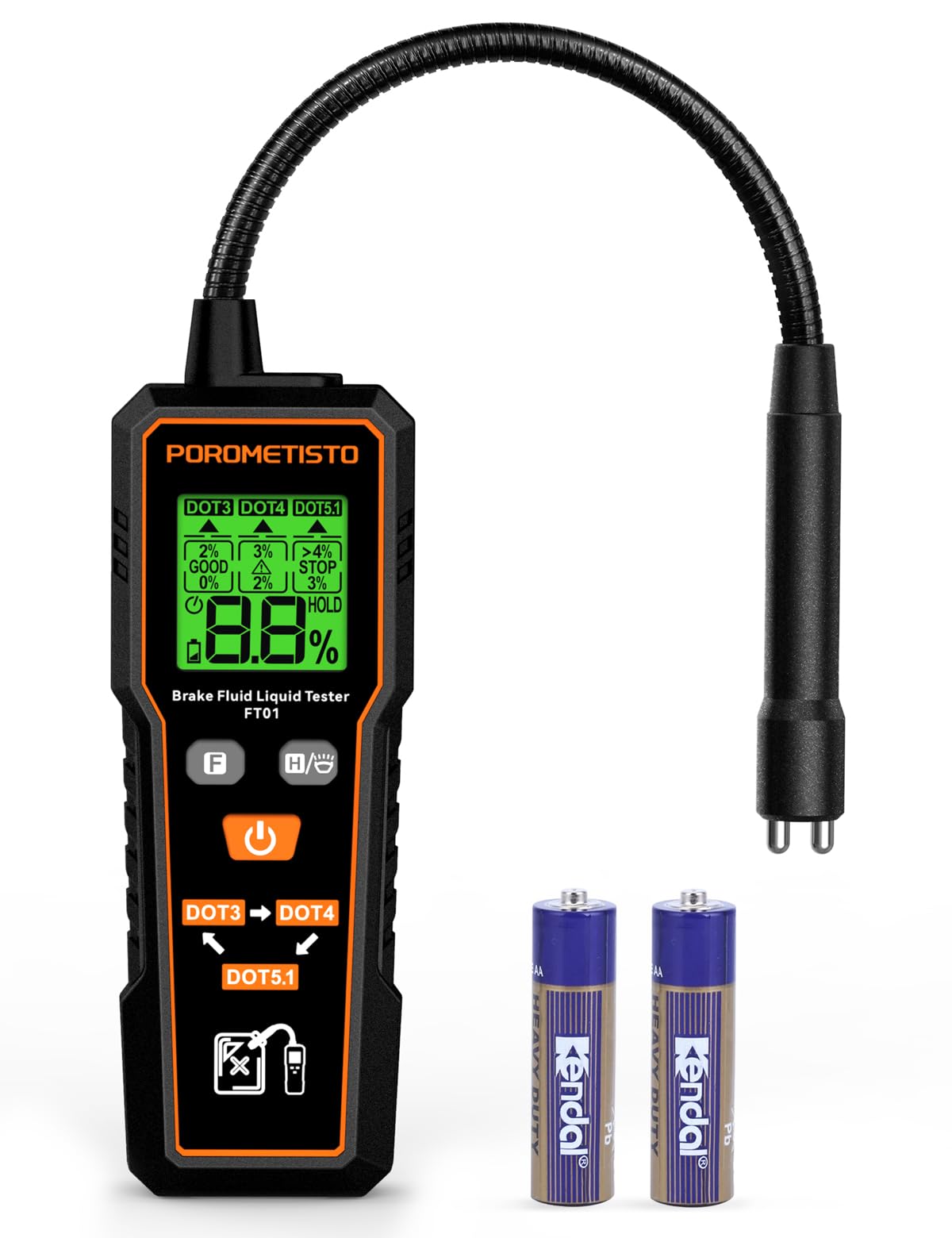 Brake Fluid Tester POROMETISTO FT01, Brake Fluid Moisture Tester with 8.5-Inch Corrosion Resistance Probe, Brake Fluid Detector 