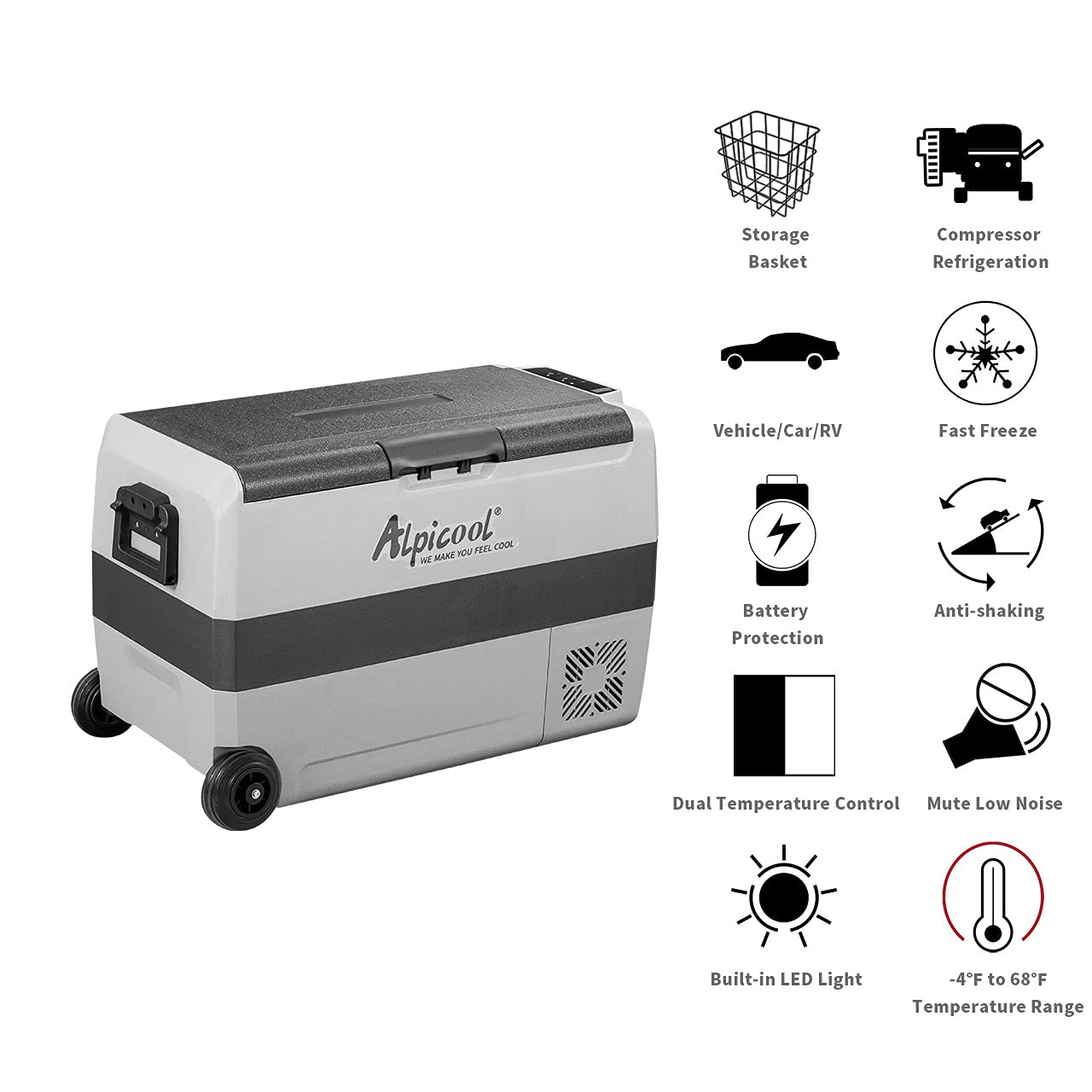 Alpicool T50 53QT Dual Temperature 12V Portable Refrigerator Freezer for Truck, RV, Boat, Camping, -4°F~68°F