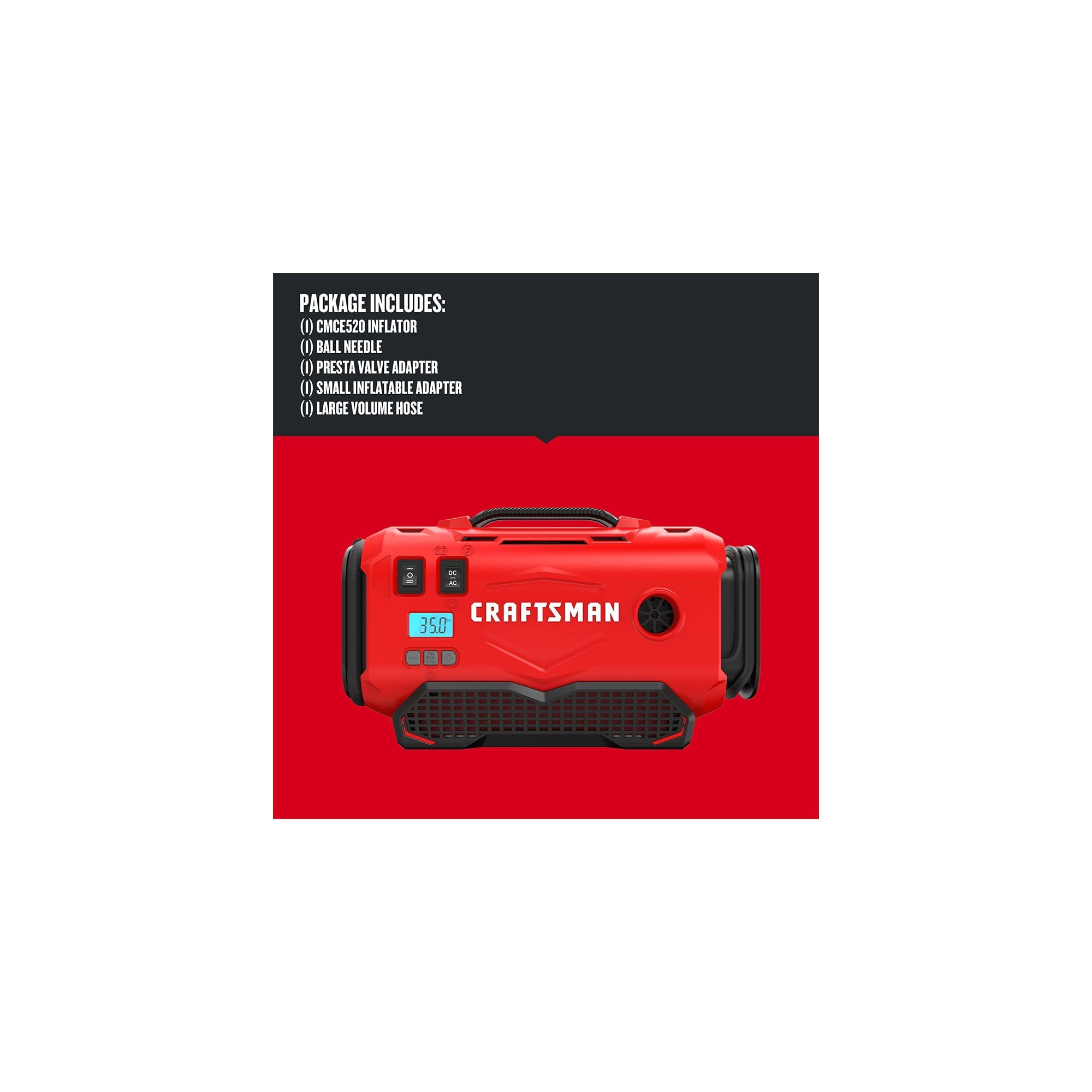 Craftsman V20 Tire Inflator, Compact Portable Design, Digital PSI Gauge, Model CMCE520B, Red, Automatic Shut Off
