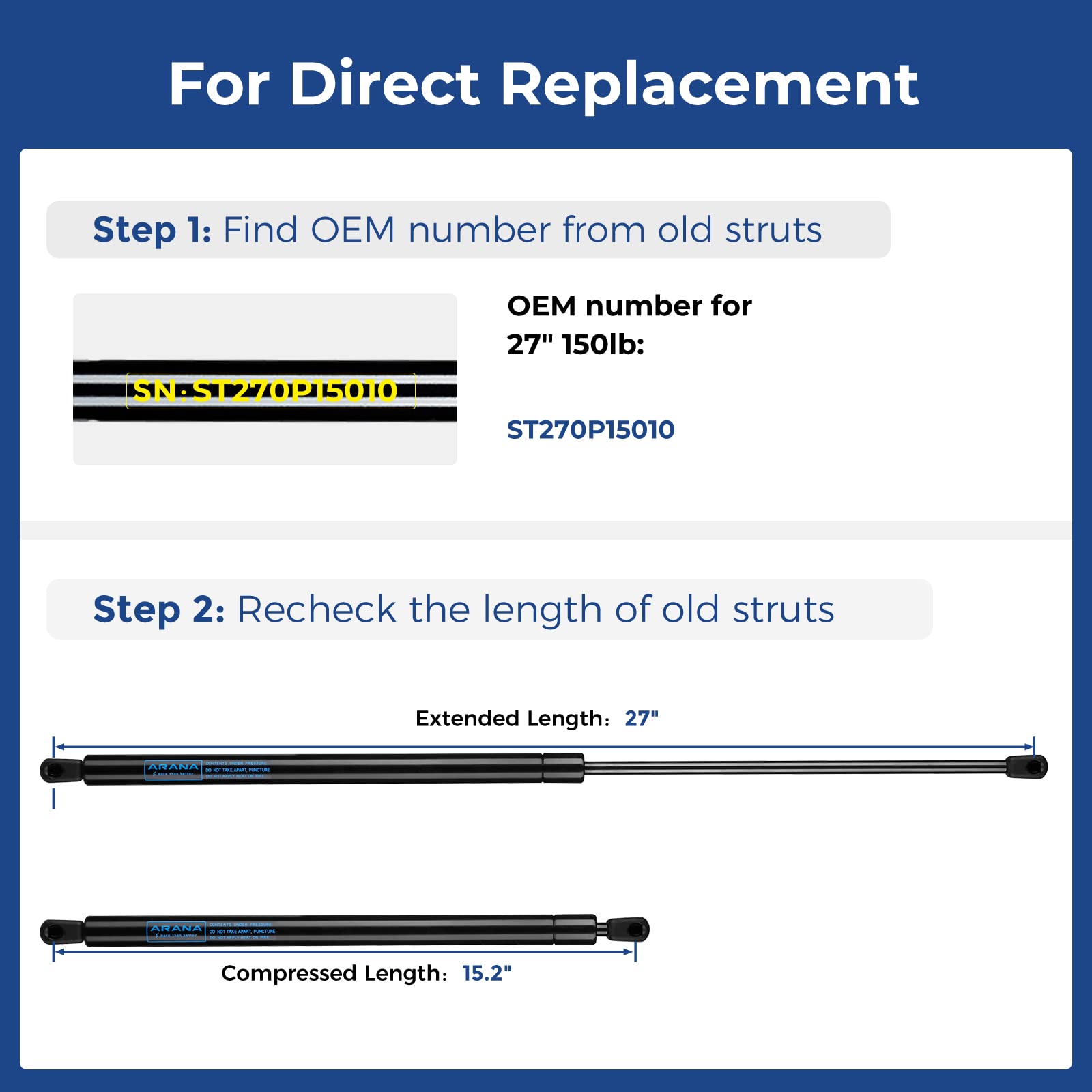 Arana St270P15010 27 Inch 150Lb Gas Spring Struts, St270P150-10 27   667N Shocks Lift Support Heavy Rv Bed Storage Trailer Door